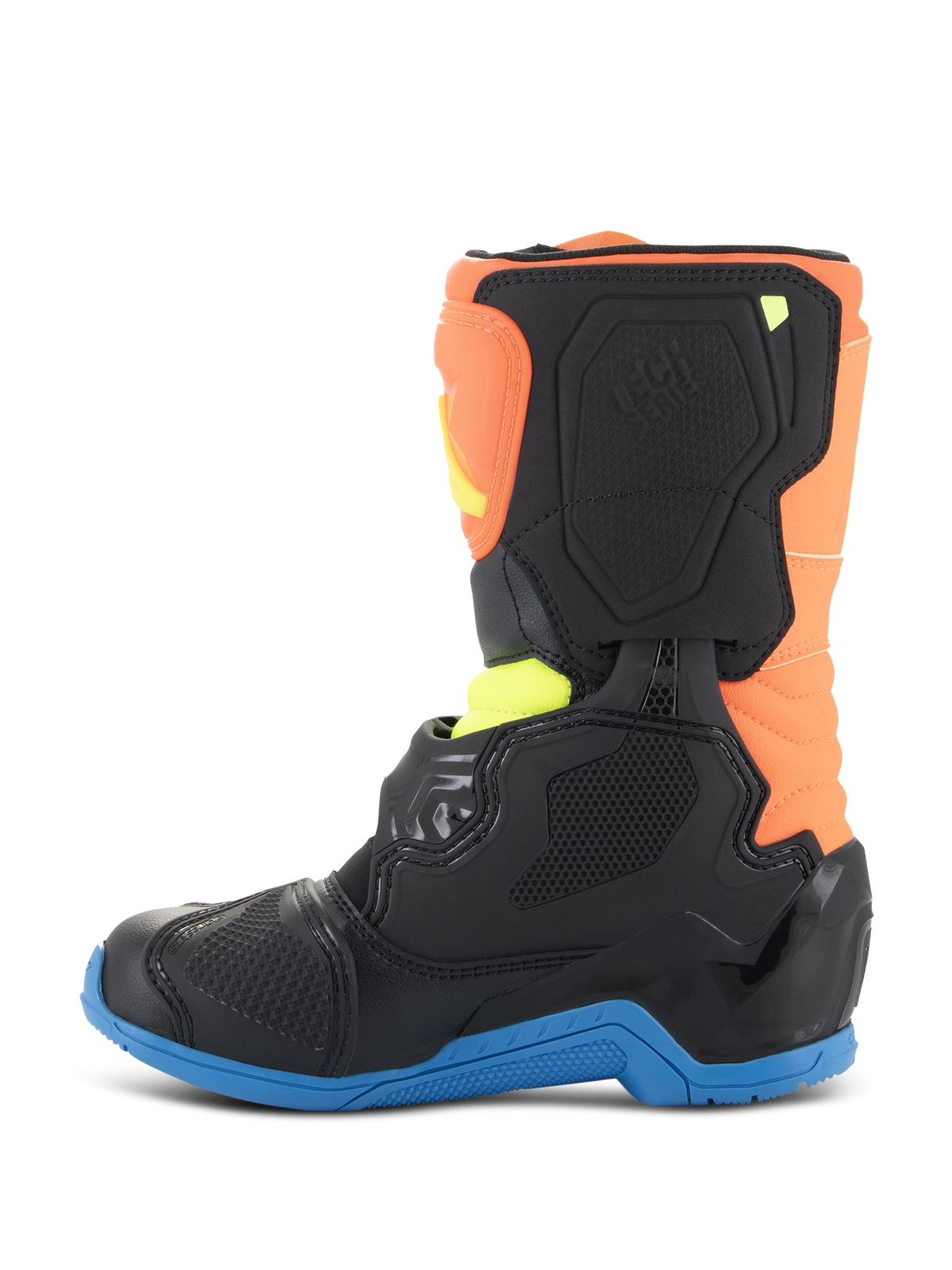Alpinestars Kids Tech 3S Boots, Motocross-Stiefel, Orange Fluo, Enamel Blue und Gelb Fluo, Seitenansicht mit schwarzen Schutzpanelen, blauer Sohle und orangem Obermaterial, entwickelt für den Jugend-Offroad-Rennsport