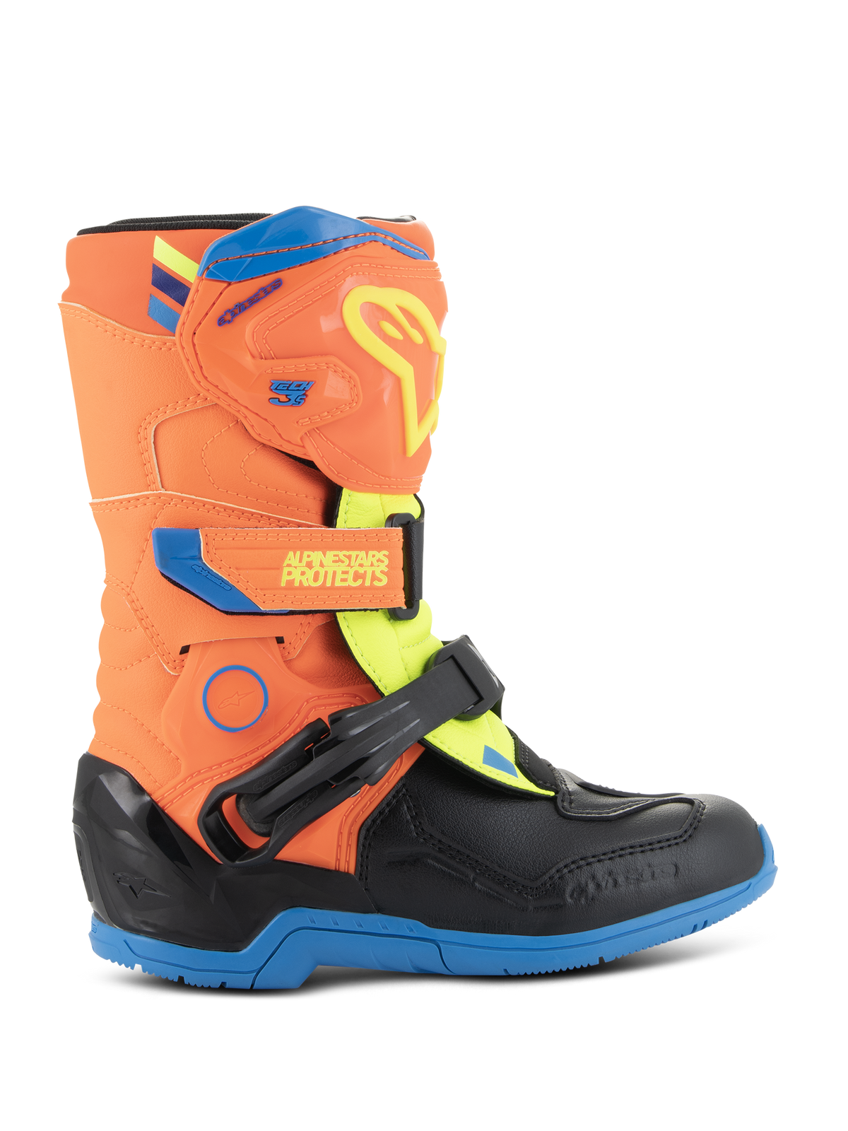 Alpinestars Kids Tech 3S Stiefel, Motocross-Stiefel für Kinder, Orange Fluo, Enamel-Blau und Gelb Fluo, mit schützender TPU-Schienbeinplatte, verstellbaren Klettverschlüssen und robuster blauer Gummisohle, entwickelt für Offroad-Rennsport