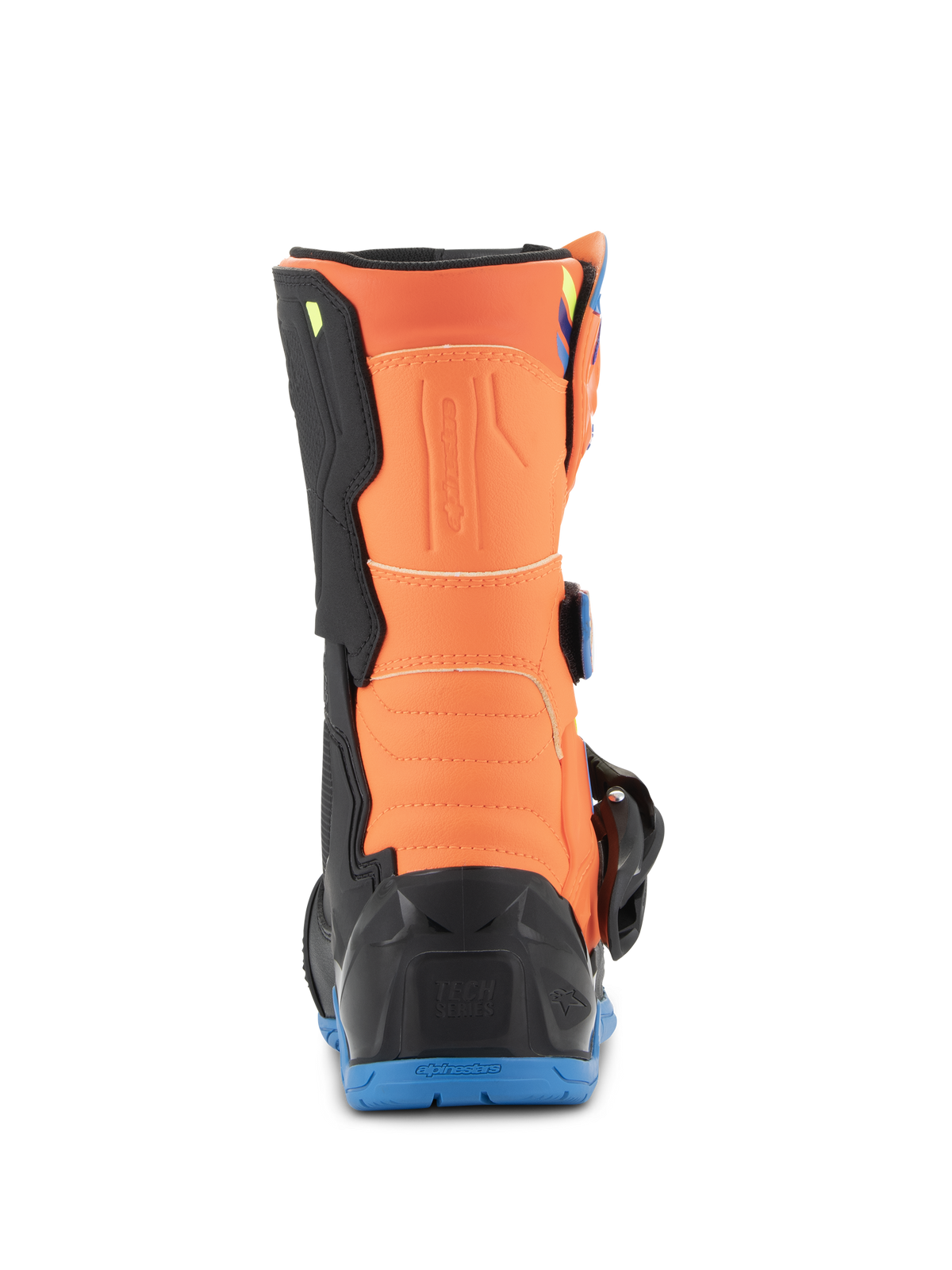 Alpinestars Kids Tech 3S Boots, Jugend-Motocross-Stiefel, Orange Fluo und Enamel Blue, Rückansicht mit orangefarbenem Wadenpanel, schwarzem Fersenschutz und blauer Gummiaußensohle.