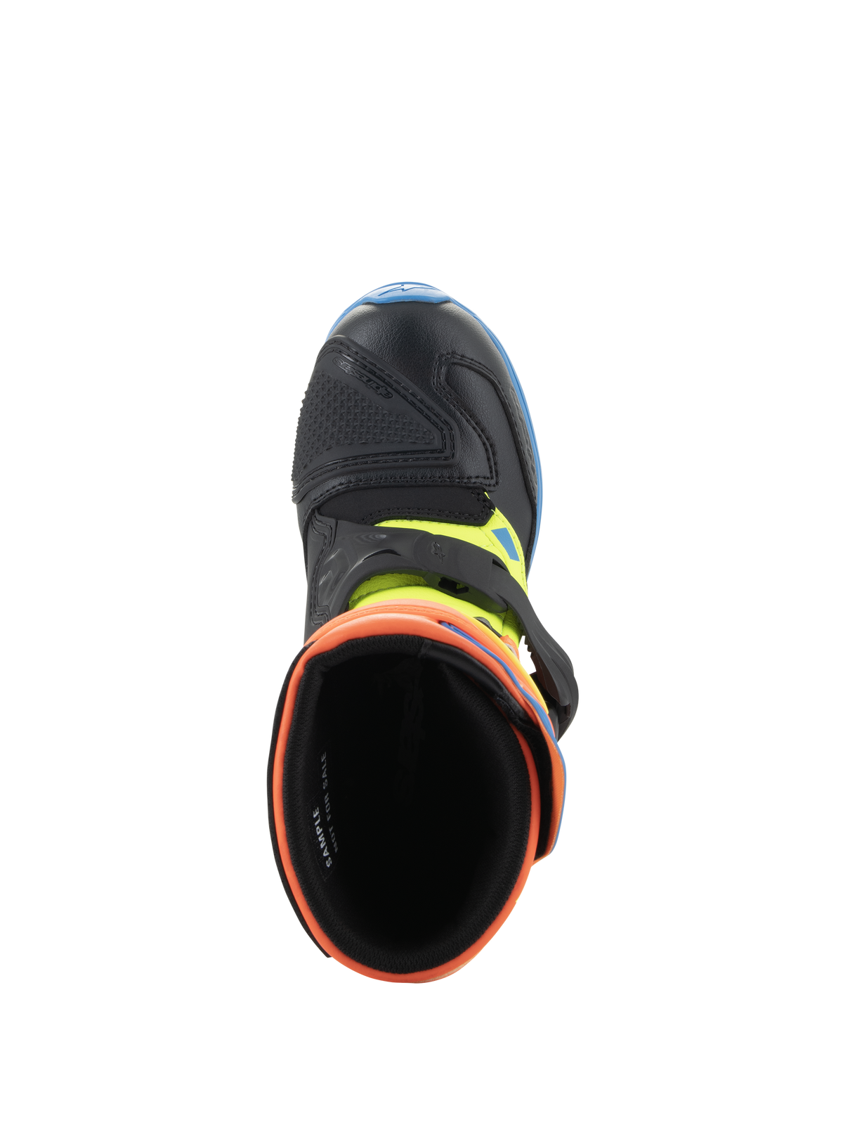 Alpinestars Kids Tech 3S Stiefel, Motocross-Stiefel, Fluo-Orange, Enamel-Blau und Fluo-Gelb, Draufsicht mit Blick in die gepolsterte Öffnung, schwarze Mikrofaser-Zehenkappe und Schnallenverschluss.