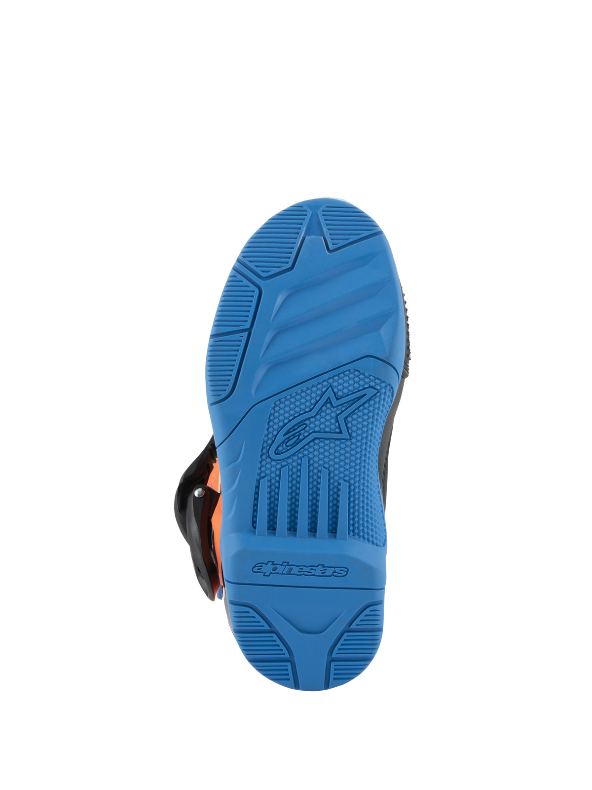 Alpinestars Kids Tech 3S Stiefel, Motocross-Stiefel, Sohlenansicht in Enamel Blue, griffige Gummiaußensohle mit strukturierten Grip-Profilen, geprägtes Alpinestars Stern-Logo und Schriftzug, strapazierfähiges Offroad-Schuhdesign
