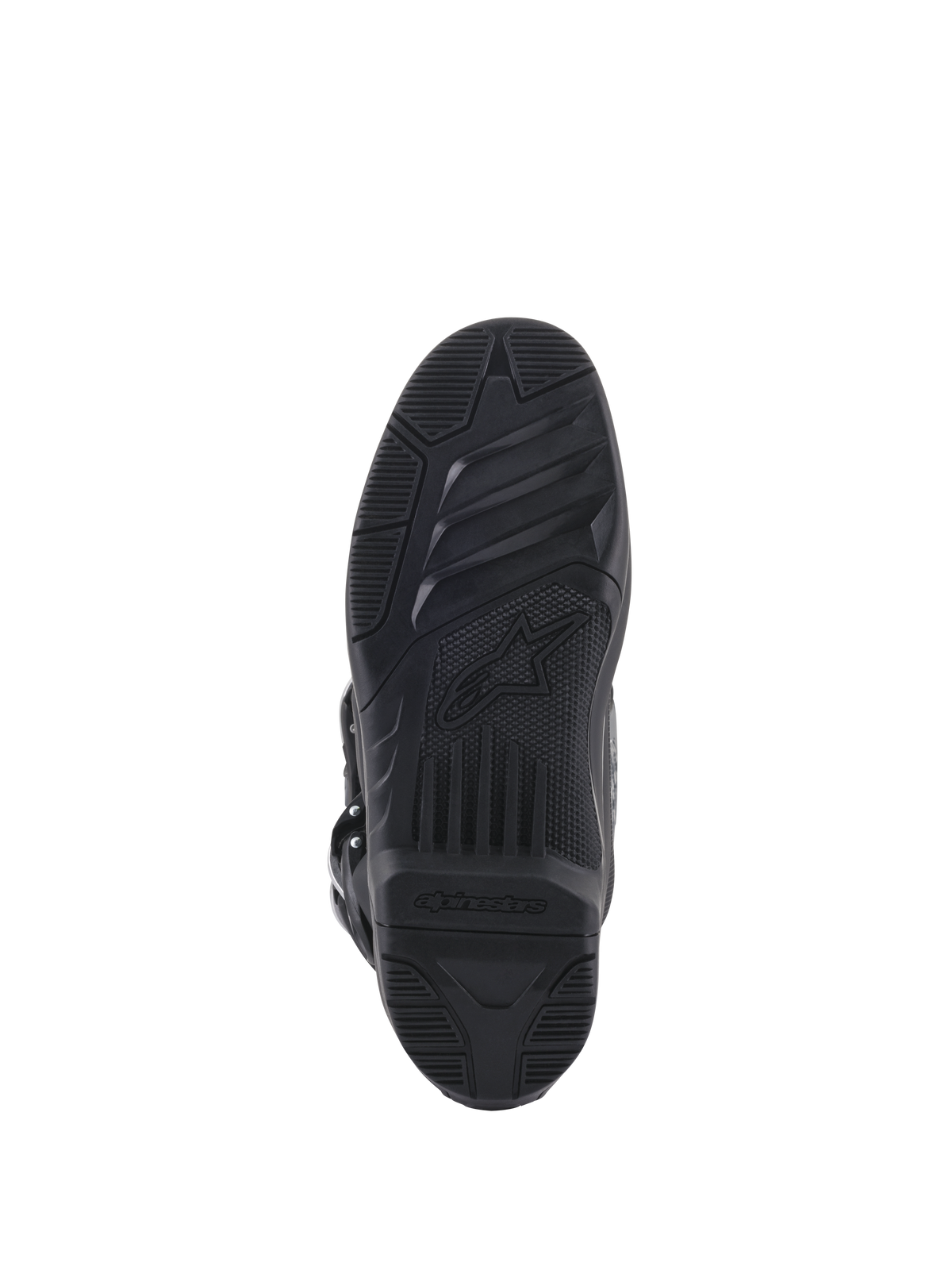 Alpinestars Tech 5 Stiefel, Ansicht der Außensohle, Schwarz, austauschbare Dual-Compound-Sohle mit griffiger Textur und Markenlogo, Motocross-Schutzausrüstung.