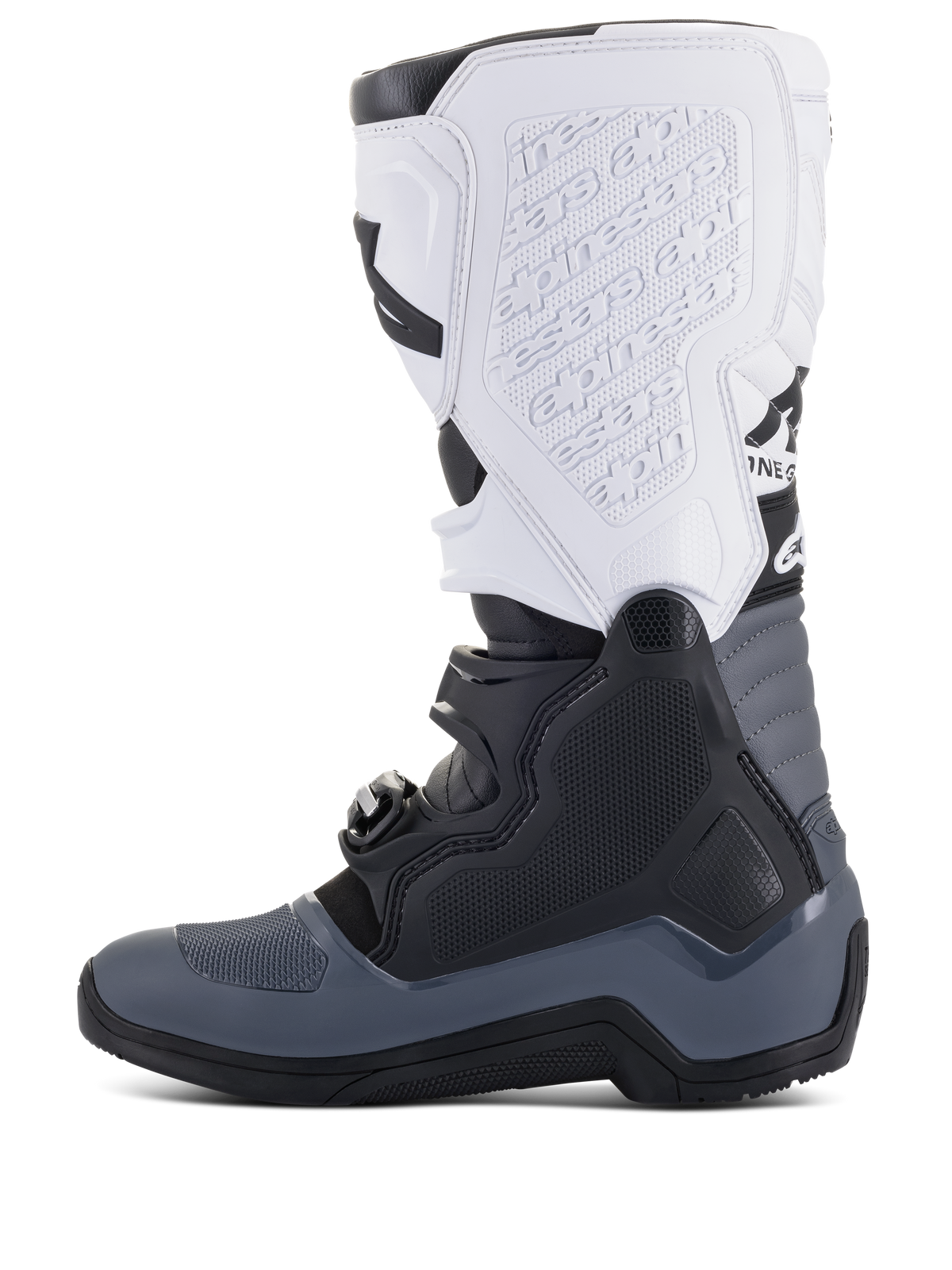Alpinestars Tech 5 Boots, Motocross Boots, Black Dark Gray and White, side profile view featuring multiple buckle closures, embossed branding on the white shin plate, and durable construction for off-road performance