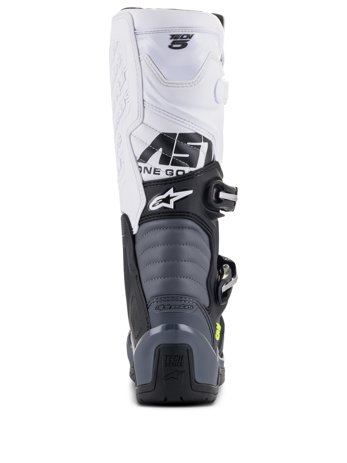 Alpinestars Tech 5 Boots, Motocross Boots, Black Dark Gray White, rear view showing white upper with Tech 5 branding, gray accordion flex zones, and black heel guard with Tech Series logo