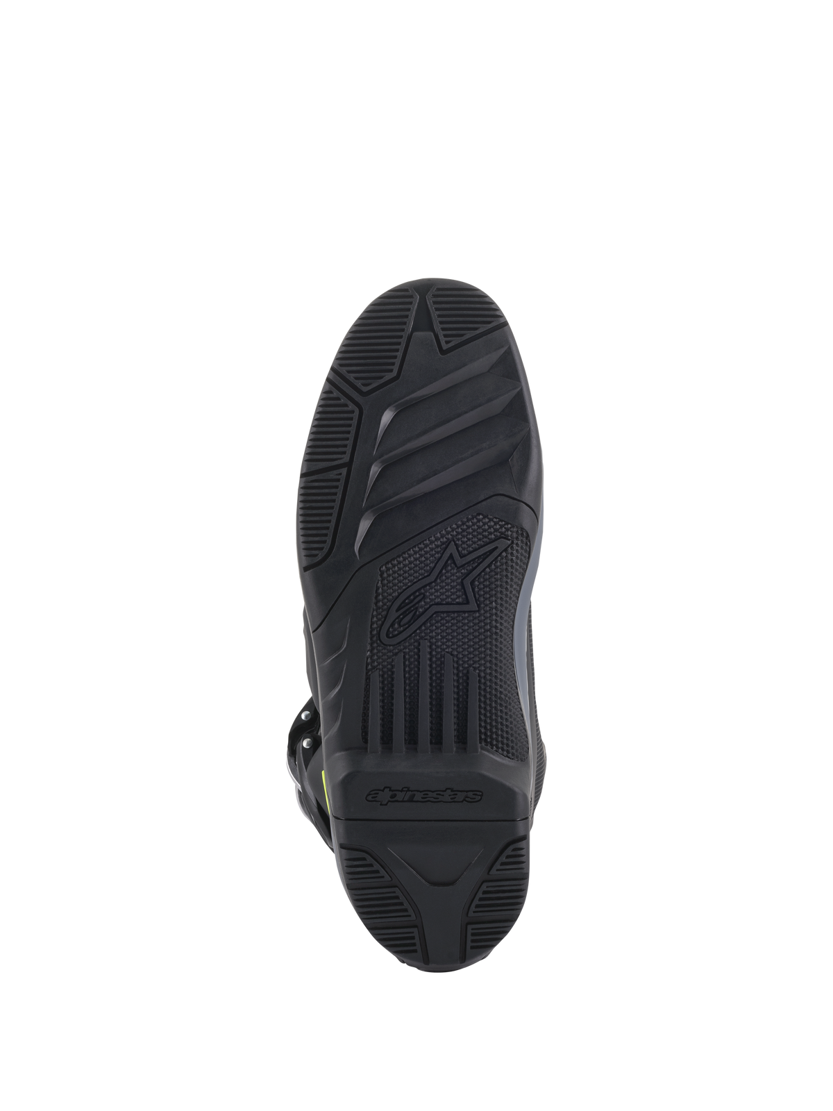 Alpinestars Tech 5 Boots, Sole View, Black, detailed textured tread pattern for off-road grip, featuring embossed Alpinestars logo and star symbol, durable motocross footwear construction