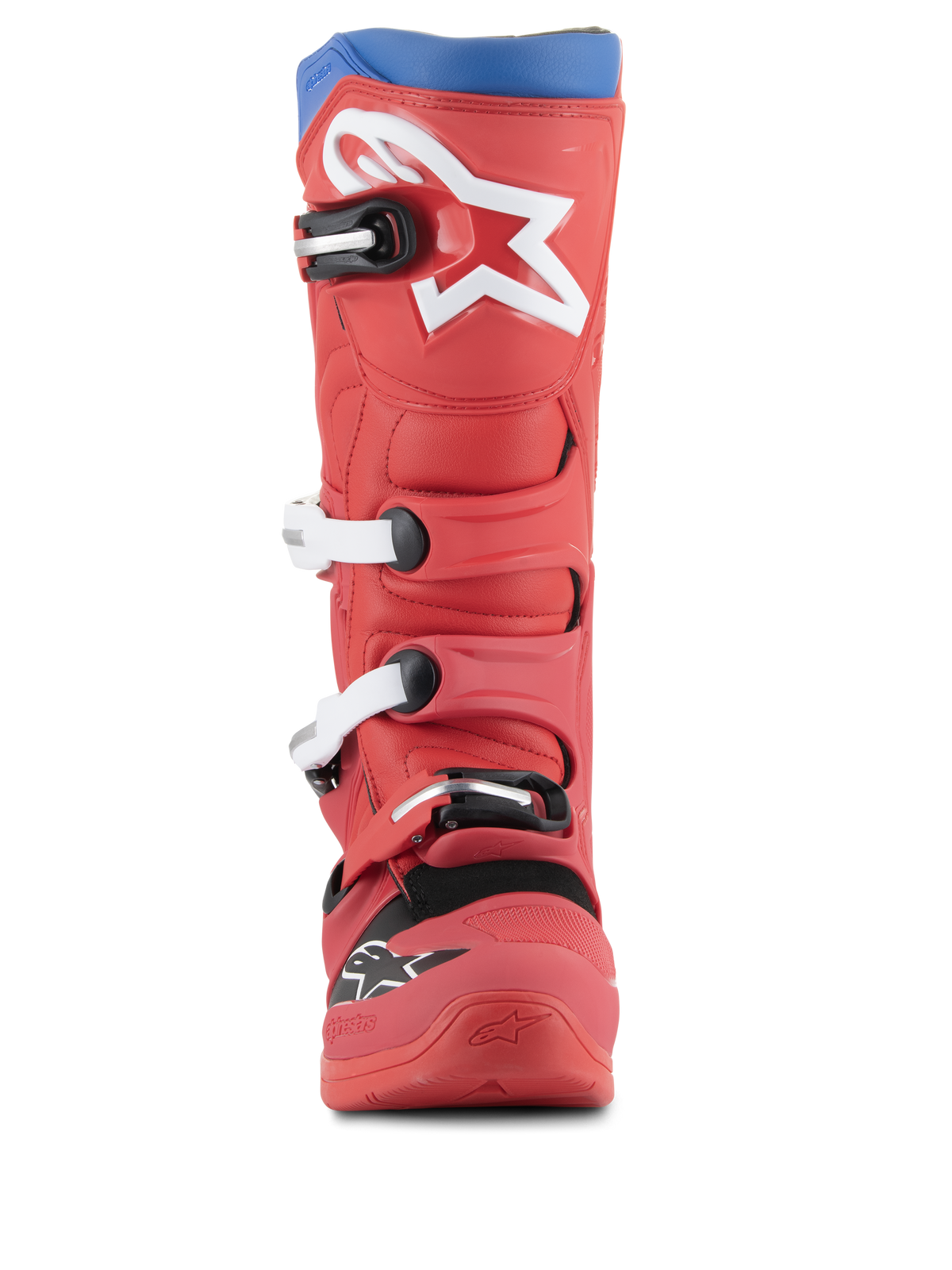 Alpinestars Tech 5 Stiefel, Motocross-Stiefel, Hellrot und Alpinblau, Vorderansicht mit großem weißem Stern-Logo auf dem Schienbein, Mehrfach-Schnallenverschluss-System, robustes Mikrofaser-Design für Offroad-Performance
