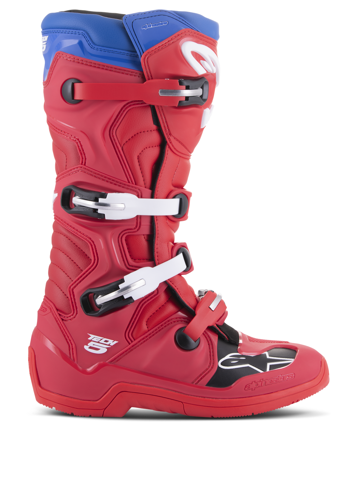 Alpinestars Tech 5 Stiefel, Motocross-Rennstiefel, Hellrot und Alpinblau, Seitenprofil mit Vier-Schnallen-Verschlusssystem, verstärkter Zehenbereich mit schwarzem Panel und weißem Logo, strapazierfähiges Mikrofaser-Chassis für Offroad-Schutz