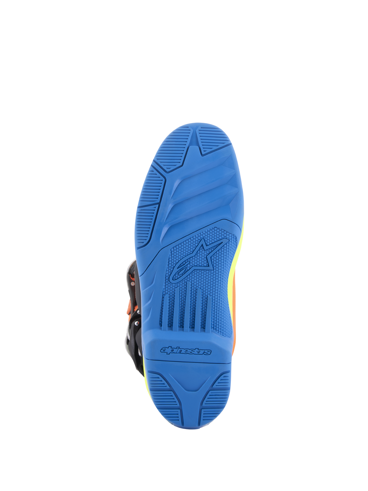 Alpinestars Tech 5 Stiefel, Motocross-Stiefel, Orange Fluo, Enamel Blue und Yellow Fluo, detaillierte Ansicht der Unterseite der blauen Dual-Compound-Sohle mit strukturierter Grifffläche und Alpinestars-Branding