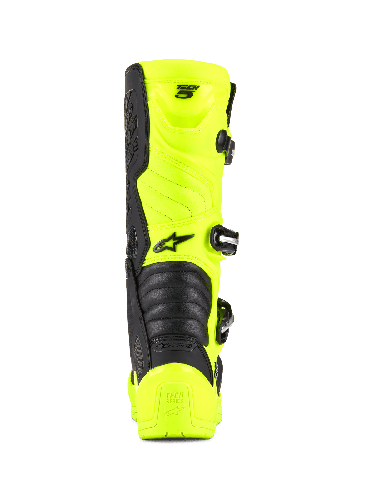 Alpinestars Tech 5 Boots, Motocross and Off-Road Boots, Yellow Fluo and Black, rear view showing the heel protector, buckle closure system, and accordion flex zones, professional racing footwear design