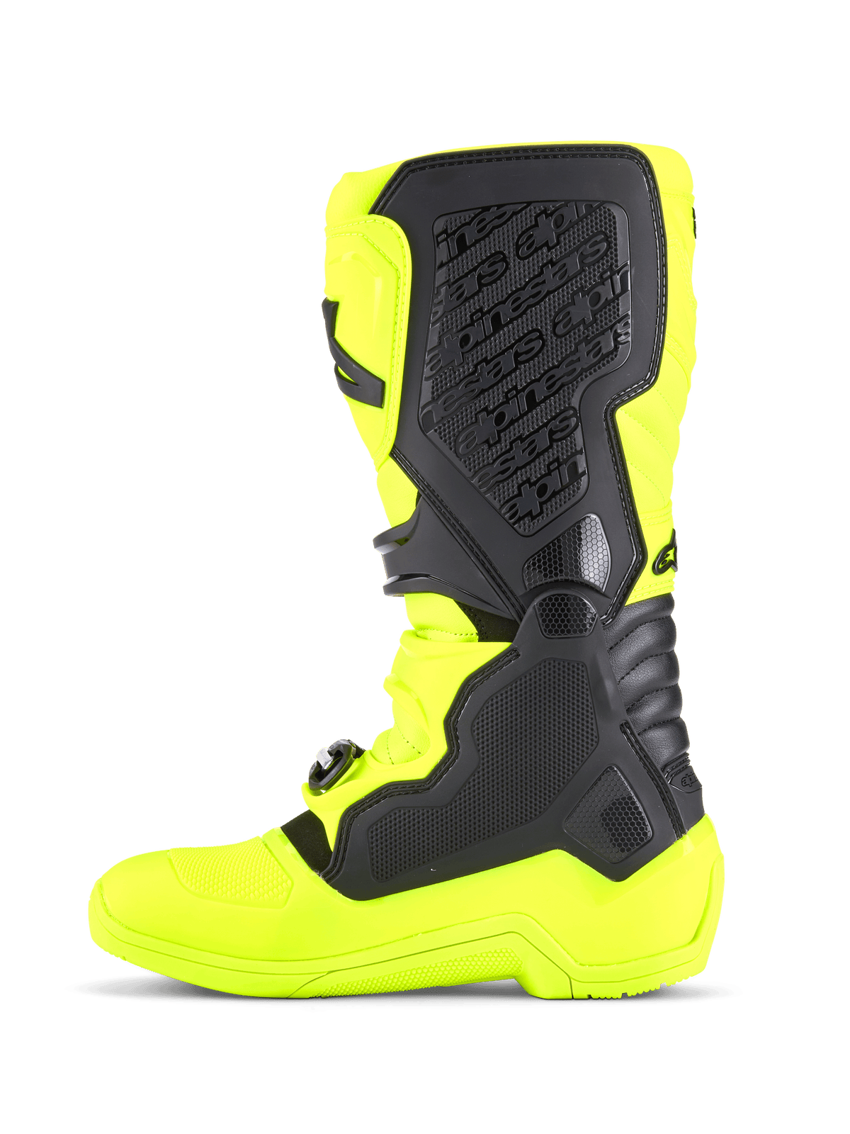 Alpinestars Tech 5 Boots, Motocross Boots, Yellow Fluo and Black, featuring a side view of the durable microfiber chassis, TPU protective panels, and medial biomechanical pivot system for off-road riding.