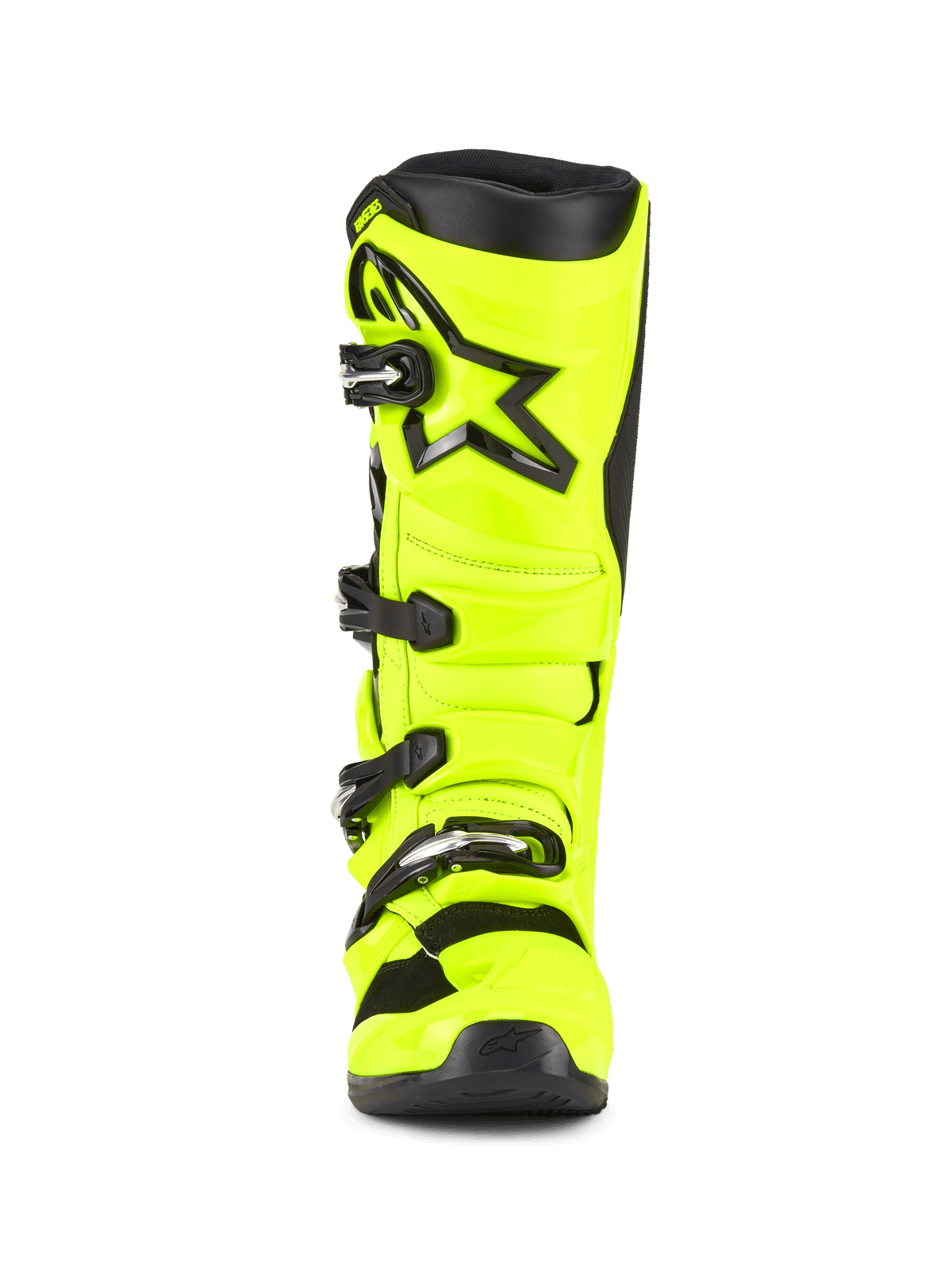 Alpinestars Tech 5 Boots, Motocross Boots, Yellow Fluo and Black, front view featuring a four-buckle closure system, reinforced shin plate with a black star logo, and a durable multi-material construction for off-road racing