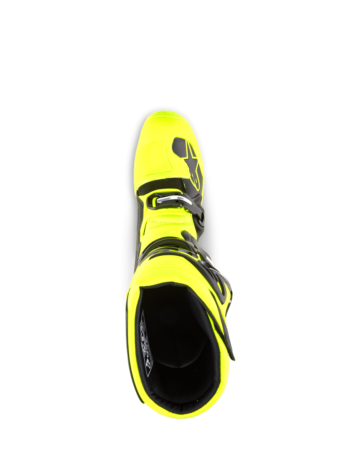 Alpinestars Tech 5 Boots, Motocross Boots, Yellow Fluo and Black, top-down view looking into the boot opening, featuring black interior lining, buckle system, and branded accents, designed for off-road performance