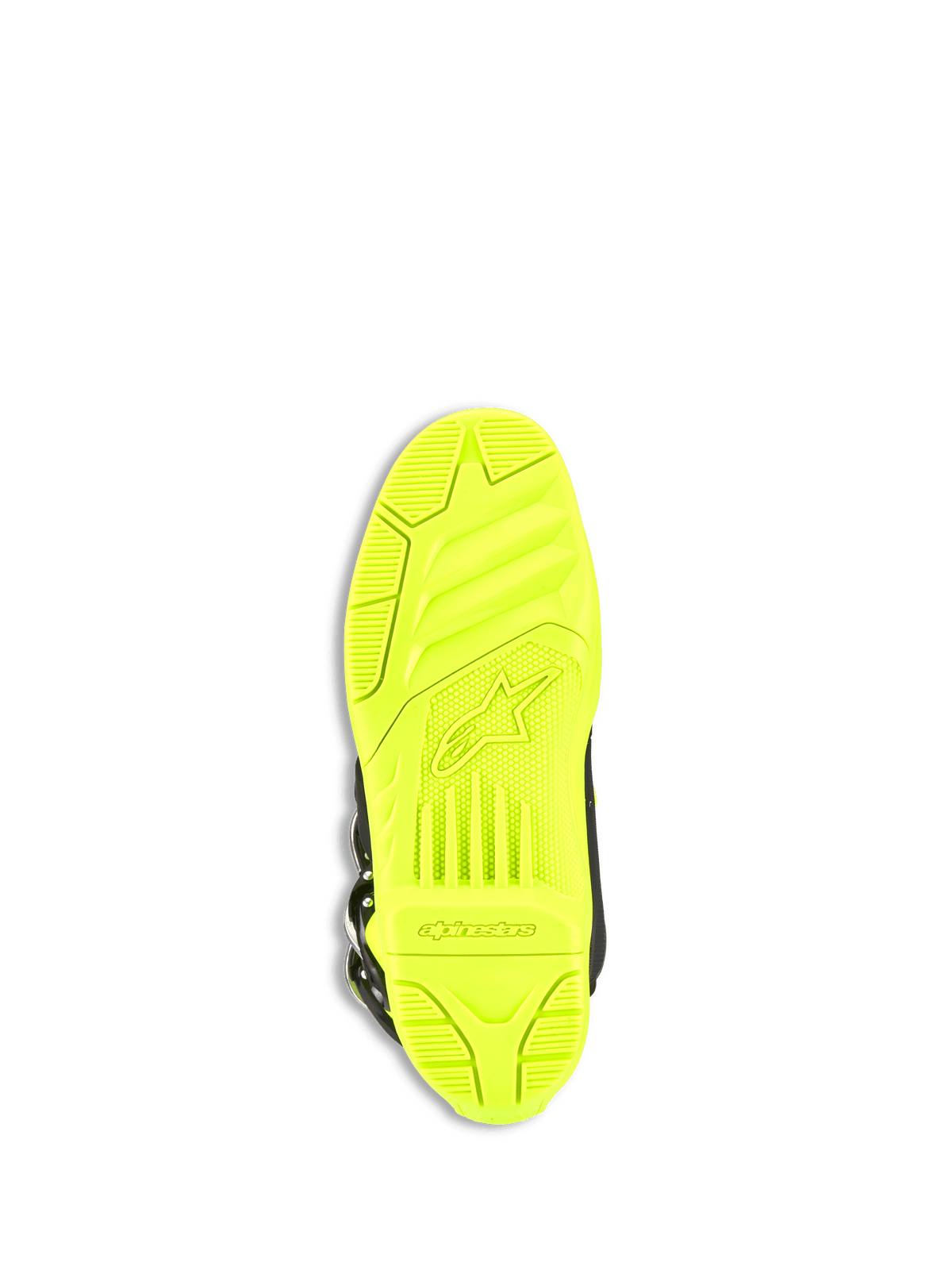 Alpinestars Tech 5 Boots, Motocross Boots, Yellow Fluo, bottom view of the sole featuring a high-grip textured pattern, embossed Alpinestars logo and wordmark, durable dual-compound construction for off-road riding