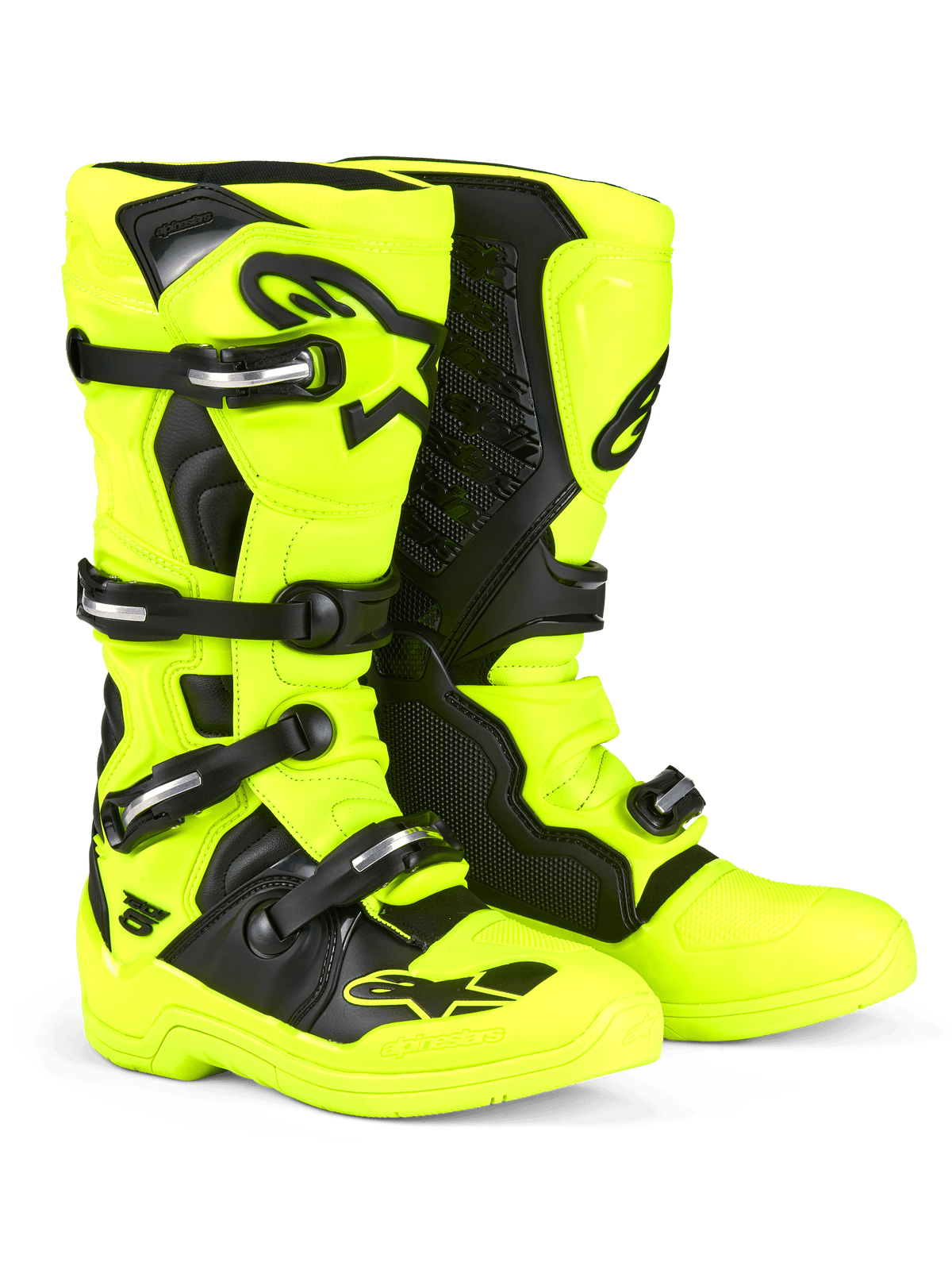 Alpinestars Tech 5 Boots, Motocross Boots, Yellow Fluo and Black, featuring a multi-buckle closure system with silver hardware, black protective panels, and prominent Alpinestars logos on the shin and toe, designed for off-road performance.