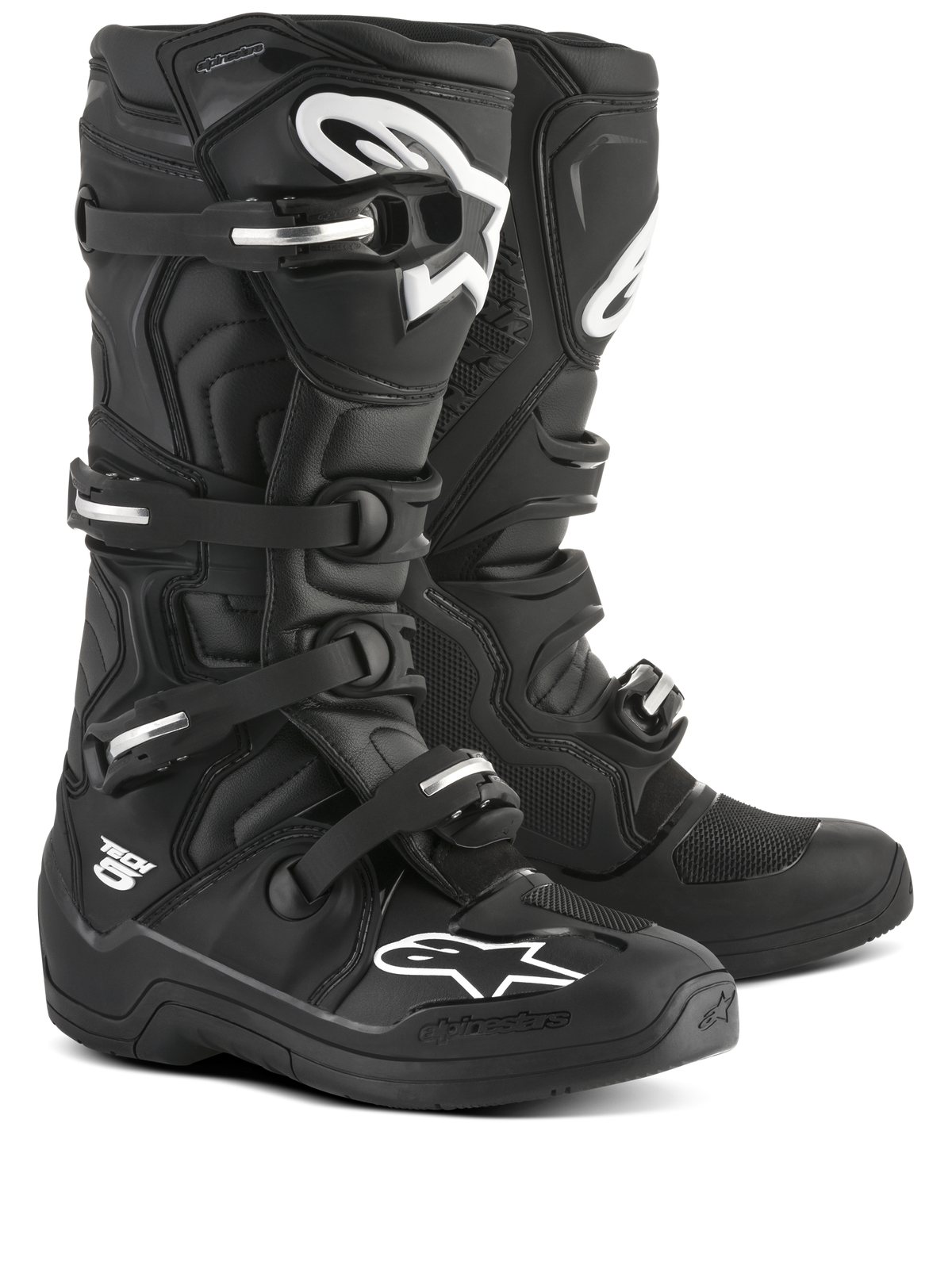 Alpinestars Tech 5 Stiefel, Motocross-Stiefel für Offroad-Einsätze, Schwarz und Weiß, CE-zertifiziert, mit biomechanischem Drehgelenk und Aluminium-Schnallensystem.