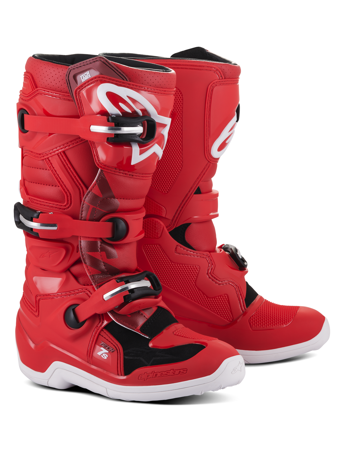 Alpinestars Youth Tech 7S Stiefel, Rote Motocross-Stiefel mit weißen und schwarzen Akzenten, Dreifach-Schnallenverschlusssystem, weißes Alpinestars-Logo auf dem Schienbein, strapazierfähige weiße Sohle