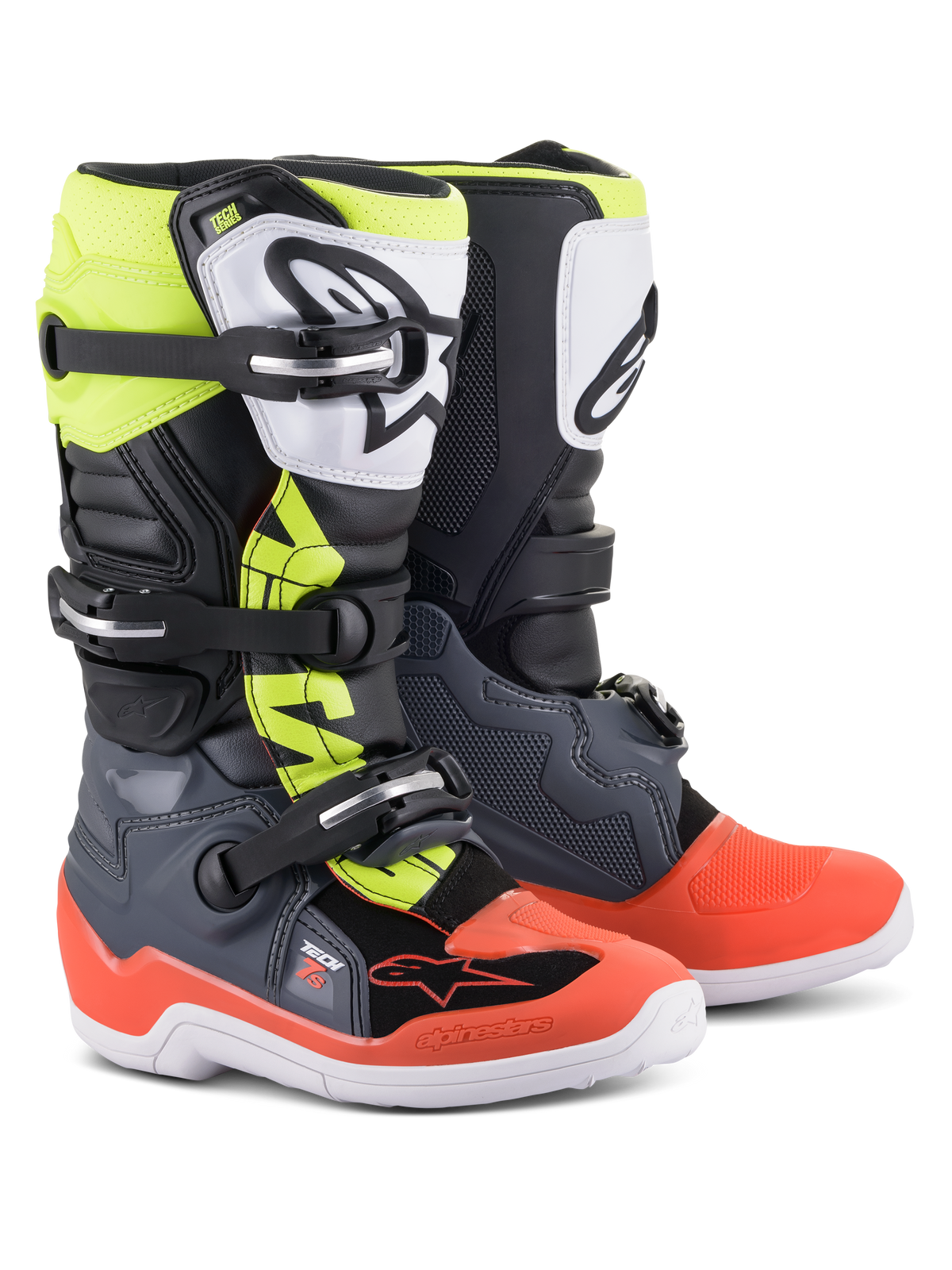 Alpinestars Youth Tech 7S Boots, Motocross Boots, Dark Gray with Red and Yellow Fluorescent accents, featuring a white TPU shin plate with black logo, triple buckle closure system, and durable white sole, designed for junior off-road riders.