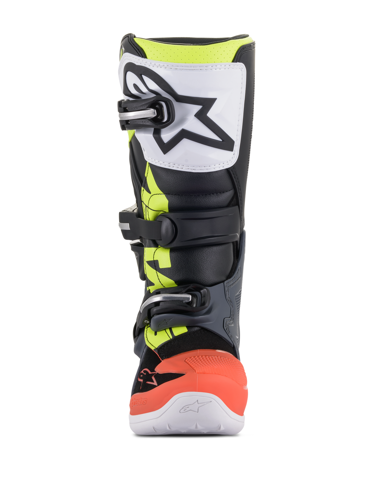 Alpinestars Youth Tech 7S Boots, Motocross Boots, Dark Gray, Fluorescent Red and Yellow with white accents, front view featuring a white TPU shin plate with black logo, triple buckle closure system, and durable synthetic construction for junior off-road riders