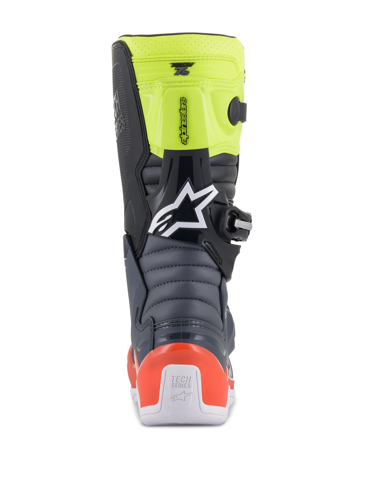 Alpinestars Youth Tech 7S Boots, Youth Motocross Boots, Dark Gray, Red Fluorescent, and Yellow Fluorescent, rear view showing accordion flex zones, red heel protector, and white Alpinestars logo