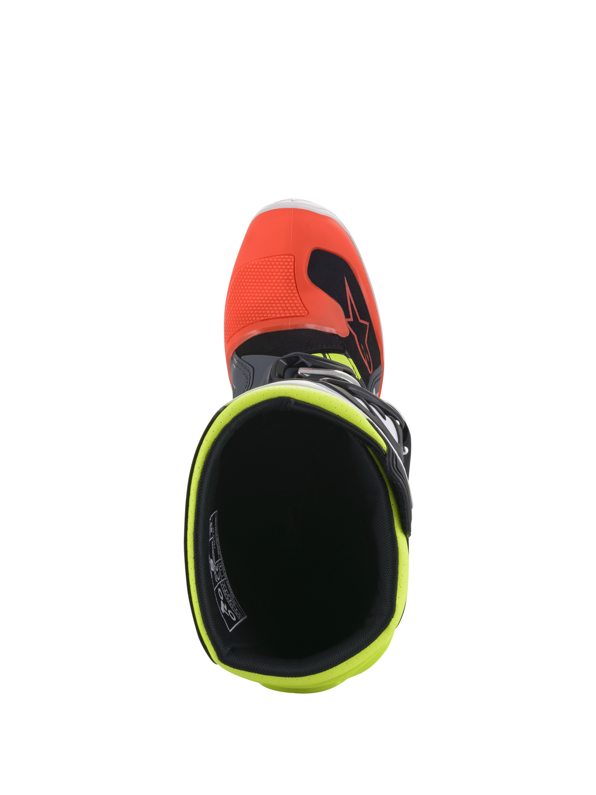 Alpinestars Youth Tech 7S Boots, Motocross Boots, Dark Gray with Red and Yellow Fluorescent accents, top-down view showing the interior opening with fluorescent yellow lining and red toe cap, designed for youth off-road racing.
