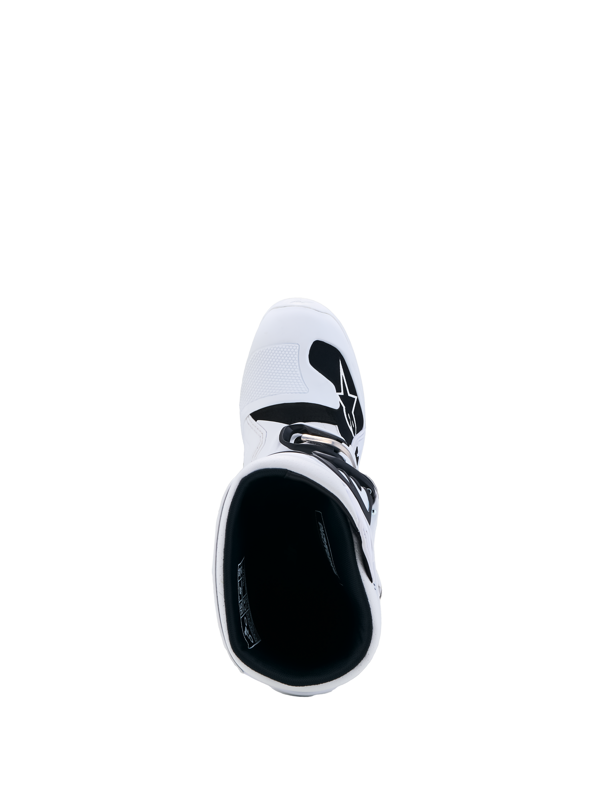 Alpinestars Tech 7S Jugend-Stiefel, Motocross, Weiß, Draufsicht mit schwarzer Innenpolsterung und weißer TPU-Schienbeinplatte.