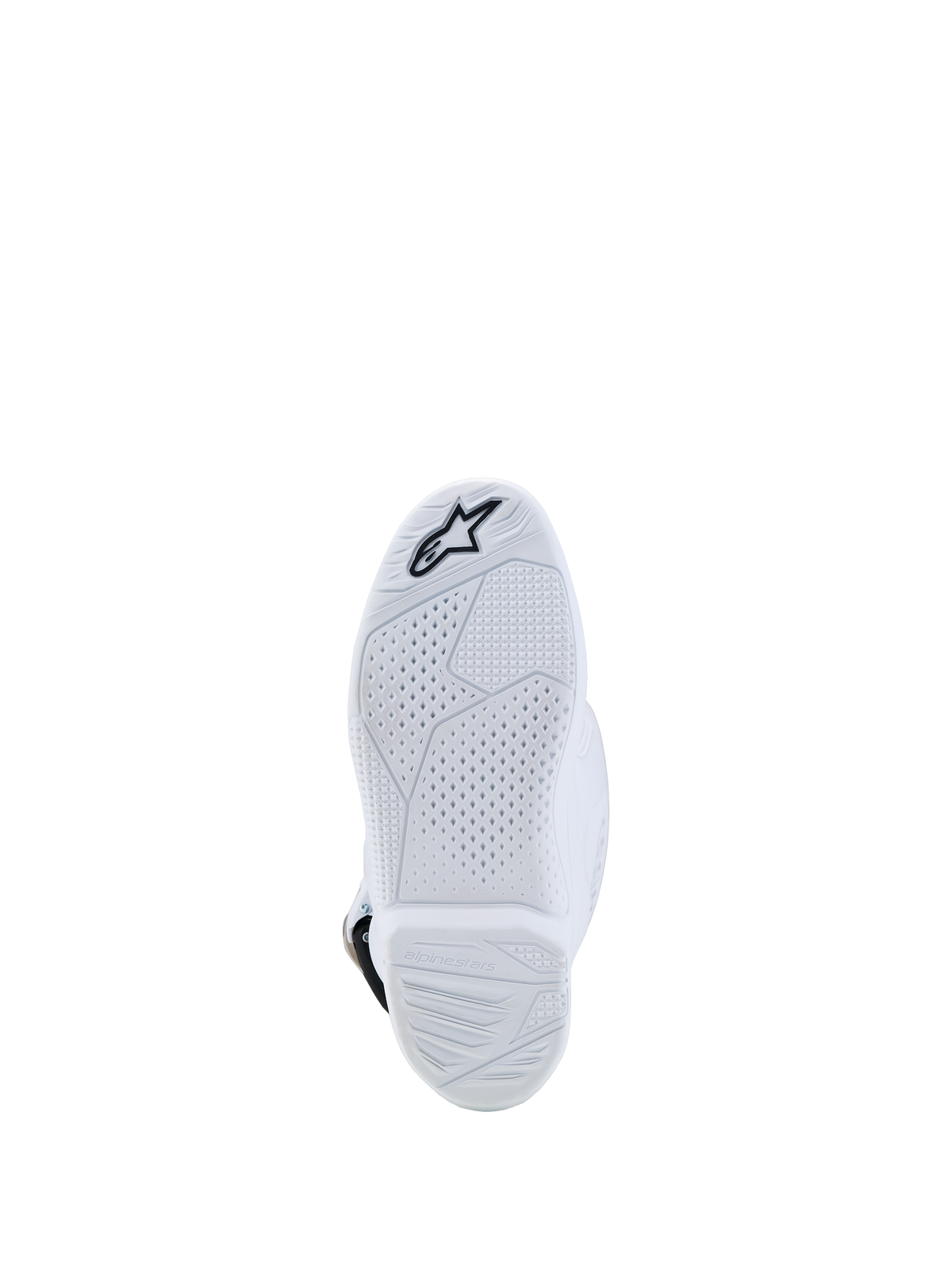 Alpinestars Tech 7S Jugend-Stiefel, Motocross, Weiß, Verbundsohle mit strukturiertem Profilmuster und schwarzem Stern-Logo.