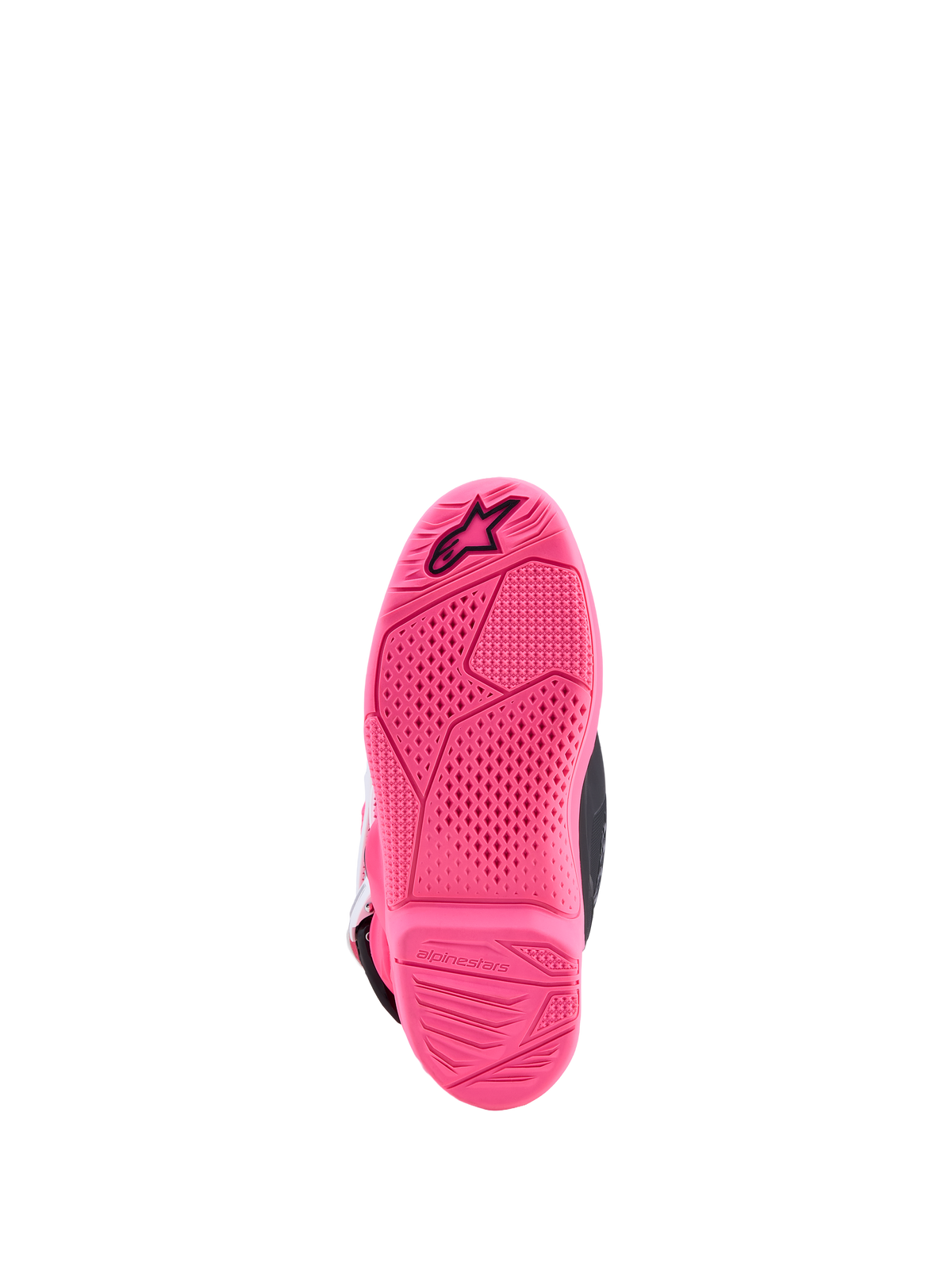 Alpinestars Tech 7S Jugend-Stiefel, Motocrossstiefel, Pink, Ansicht der strukturierten Sohle mit schwarzem Stern-Logo.