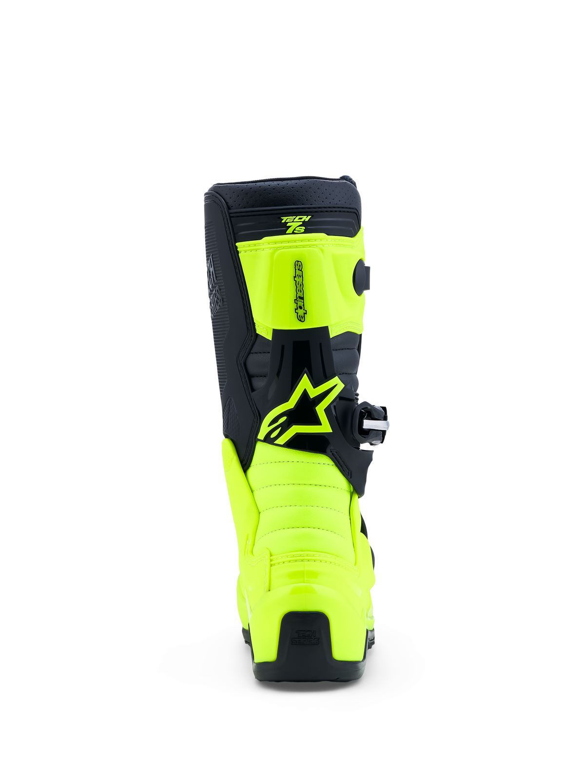 Alpinestars Tech 7S Jugend-Stiefel, Motocross-Stiefel in Gelb Fluo und Schwarz, Rückansicht mit TPU-Schutzplatten und Astar-Logo.
