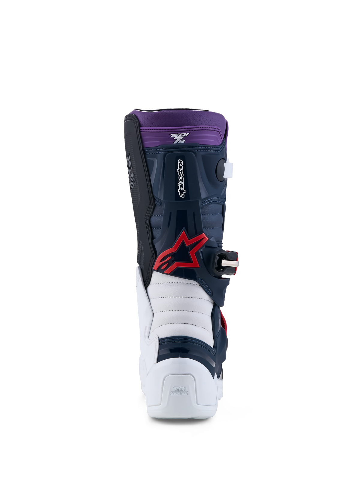 Alpinestars Jugend Tech 7S Stiefel, Motocross-Stiefel für junge Fahrer, Rückansicht in Dunkelblau und Weiß mit roten und lila Akzenten, CE-zertifiziert.