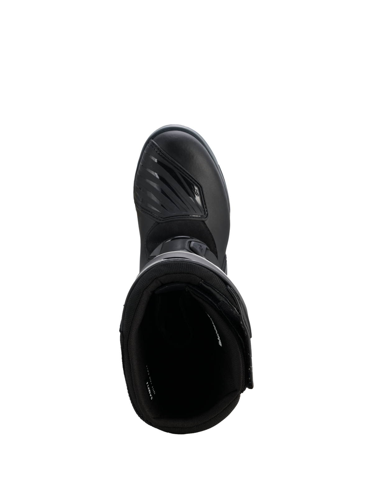 Alpinestars Corozal V2 Adventure Drystar® Stiefel, schwarzer Adventure-Motorradstiefel aus der Draufsicht mit strukturiertem Schaltpolster und hoch geschnittenem Schutzdesign