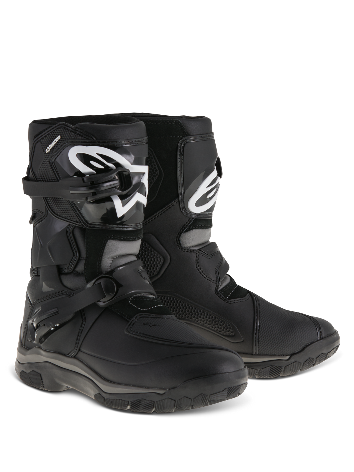 Alpinestars Belize Drystar® Stiefel, Adventure-Touring-Motorradstiefel, Schwarz, niedrig geschnittenes Design mit zweifachem Schnallenverschlusssystem, TPU-Schienbeinplatte mit weißem Alpinestars-Logo, robuste vulkanisierte Gummiaußensohle für Trail- und Straßeneinsatz