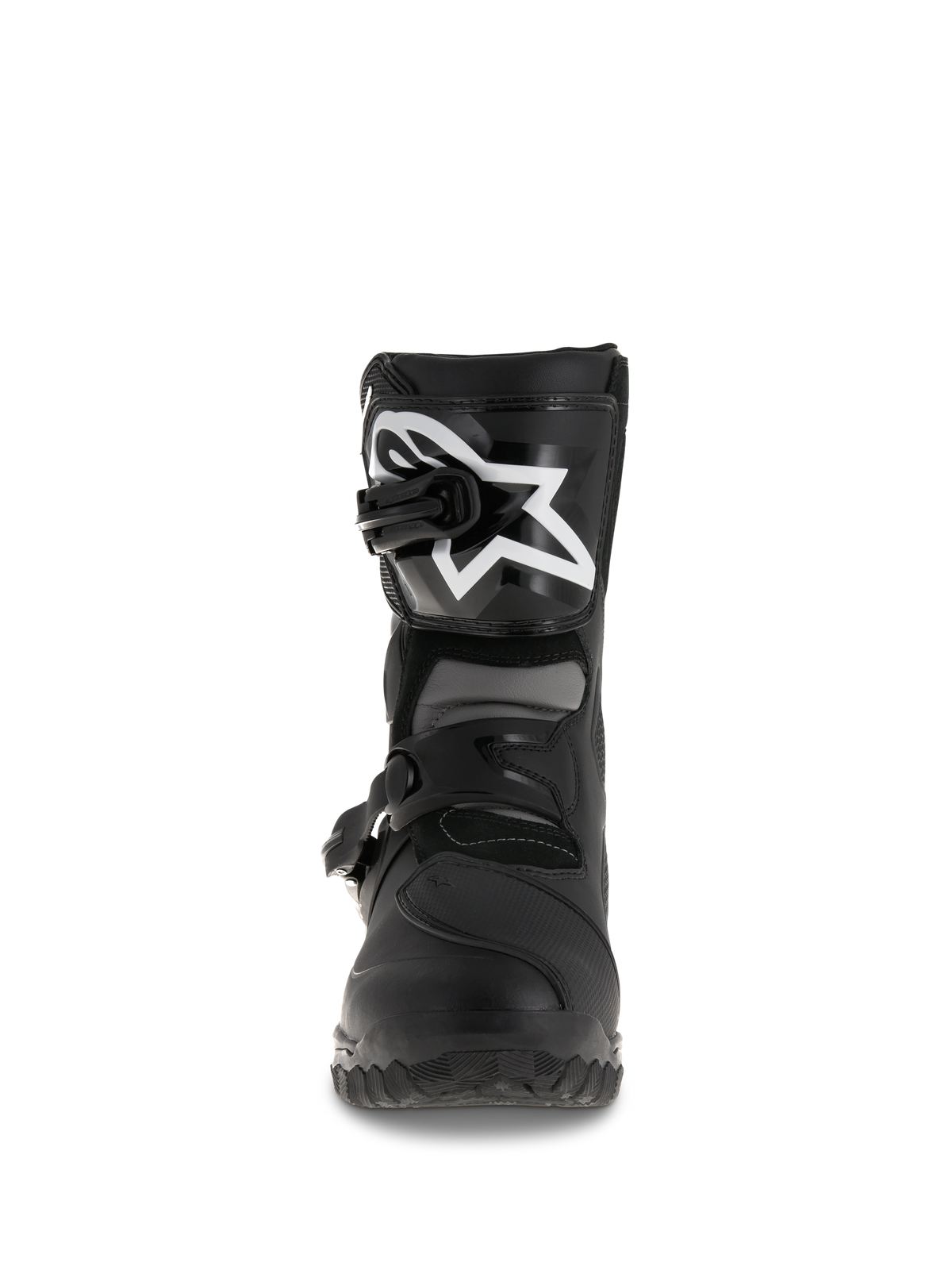 Alpinestars Belize Drystar® Stiefel, Adventure-Touring-Motorradstiefel, Schwarz, Vorderansicht mit TPU-Schienbeinplatte und großem weißen Logo, duales Schnallenverschlusssystem, robuste vulkanisierte Außensohle