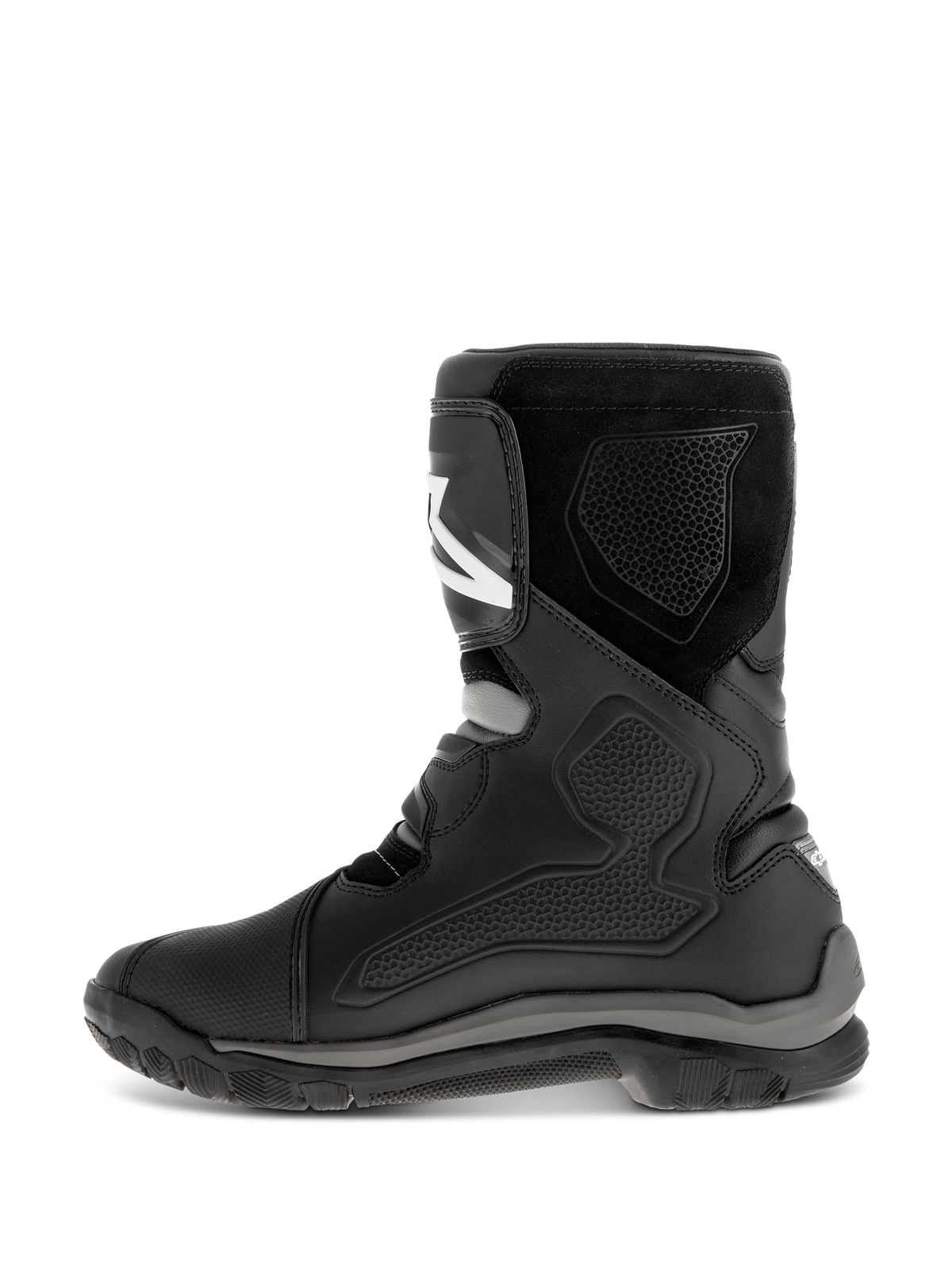 Alpinestars Belize Drystar® Stiefel, schwarze Motorradstiefel, Seitenansicht mit Lederkonstruktion, TPU-Schutzpaneelen, Wildledertextur und einer robusten vulkanisierten Gummisohle für Adventure-Touring