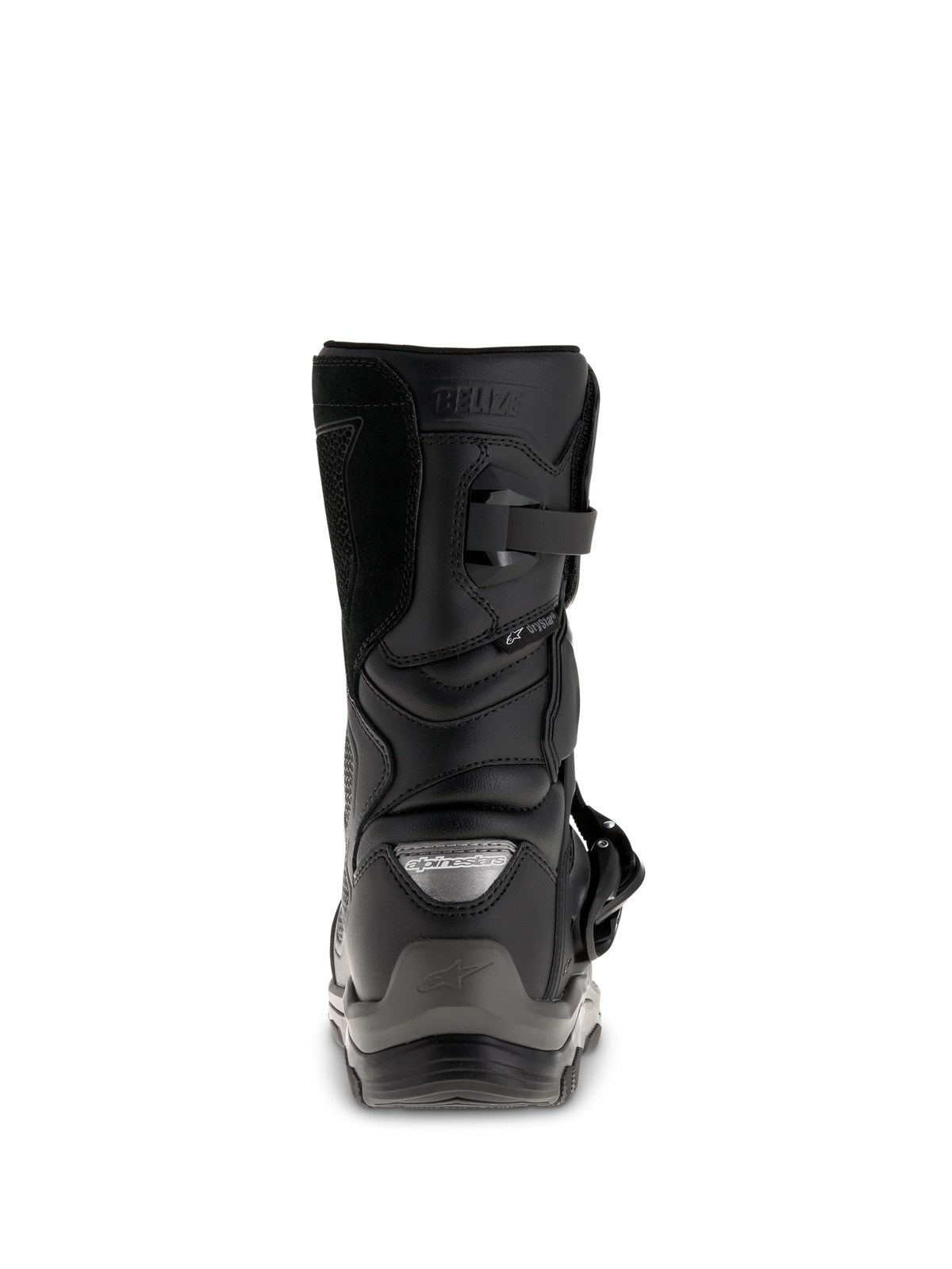 Alpinestars Belize Drystar® Stiefel, schwarze Adventure-Touring-Motorradstiefel, Rückansicht mit Fersenkappe, Schnallenverschluss und wasserdichtem Drystar®-Branding.