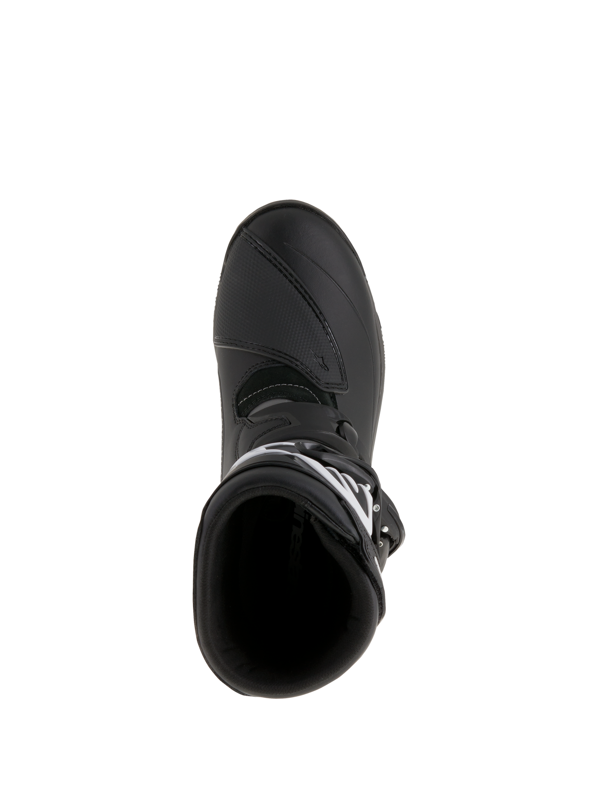 Alpinestars Belize Drystar® Stiefel, Adventure-Touring-Motorradstiefel, Schwarz, Draufsicht mit Blick auf die Einstiegsöffnung und das verstärkte Schaltpad, wasserdichte Leder- und Mikrofaser-Konstruktion