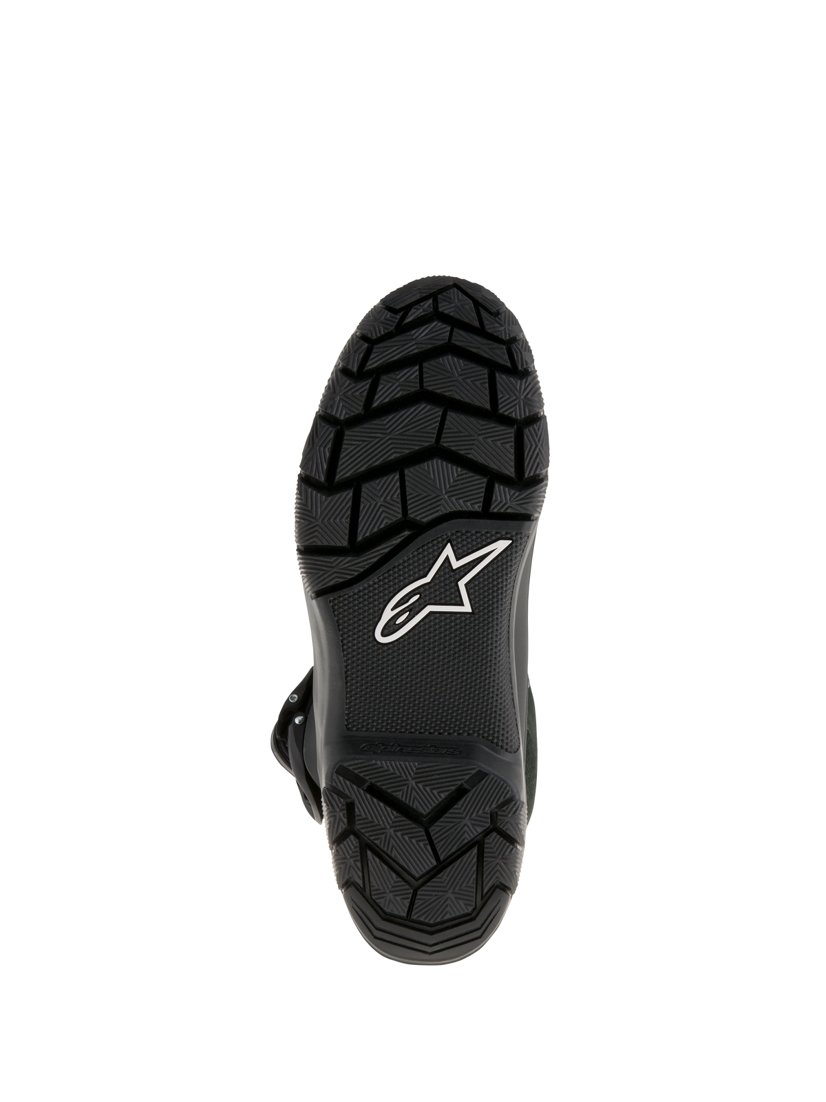 Alpinestars Belize Drystar® Stiefel, Adventure-Touring-Motorradstiefel, Unteransicht der schwarzen vulkanisierten Gummisohle mit grobstolligem Profil für überlegenen Grip und weißem Alpinestars-Sternlogo