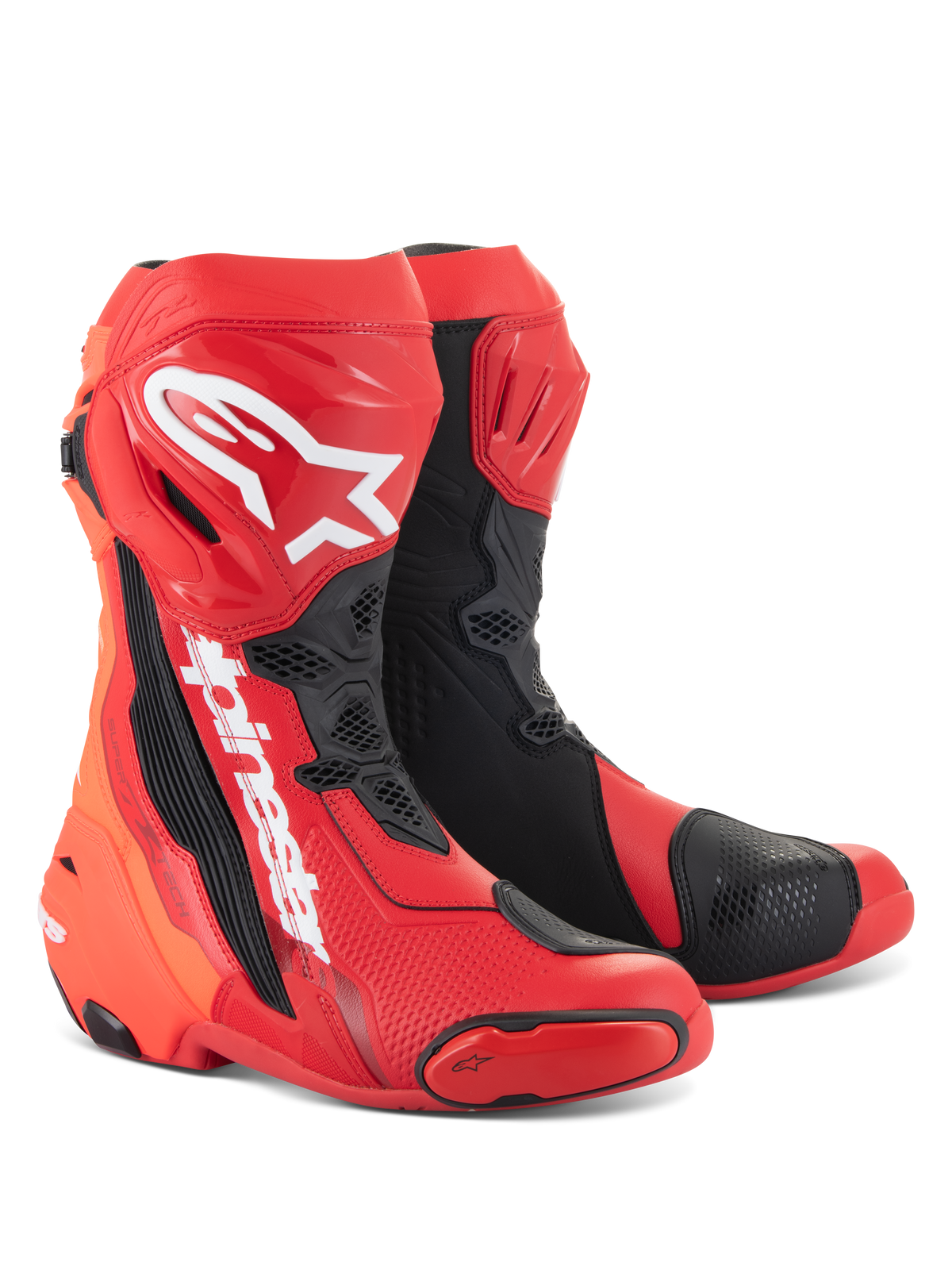 Alpinestars Supertech R Stiefel, Motorrad-Rennstiefel, Hellrot und Leuchtrot mit schwarzen und weißen Akzenten, weiße Alpinestars-Logos am Schienbein, verstärkte Schutzplatten und austauschbare Zehenschleifer, Hochleistungsschuhwerk für Sport und Rennsport