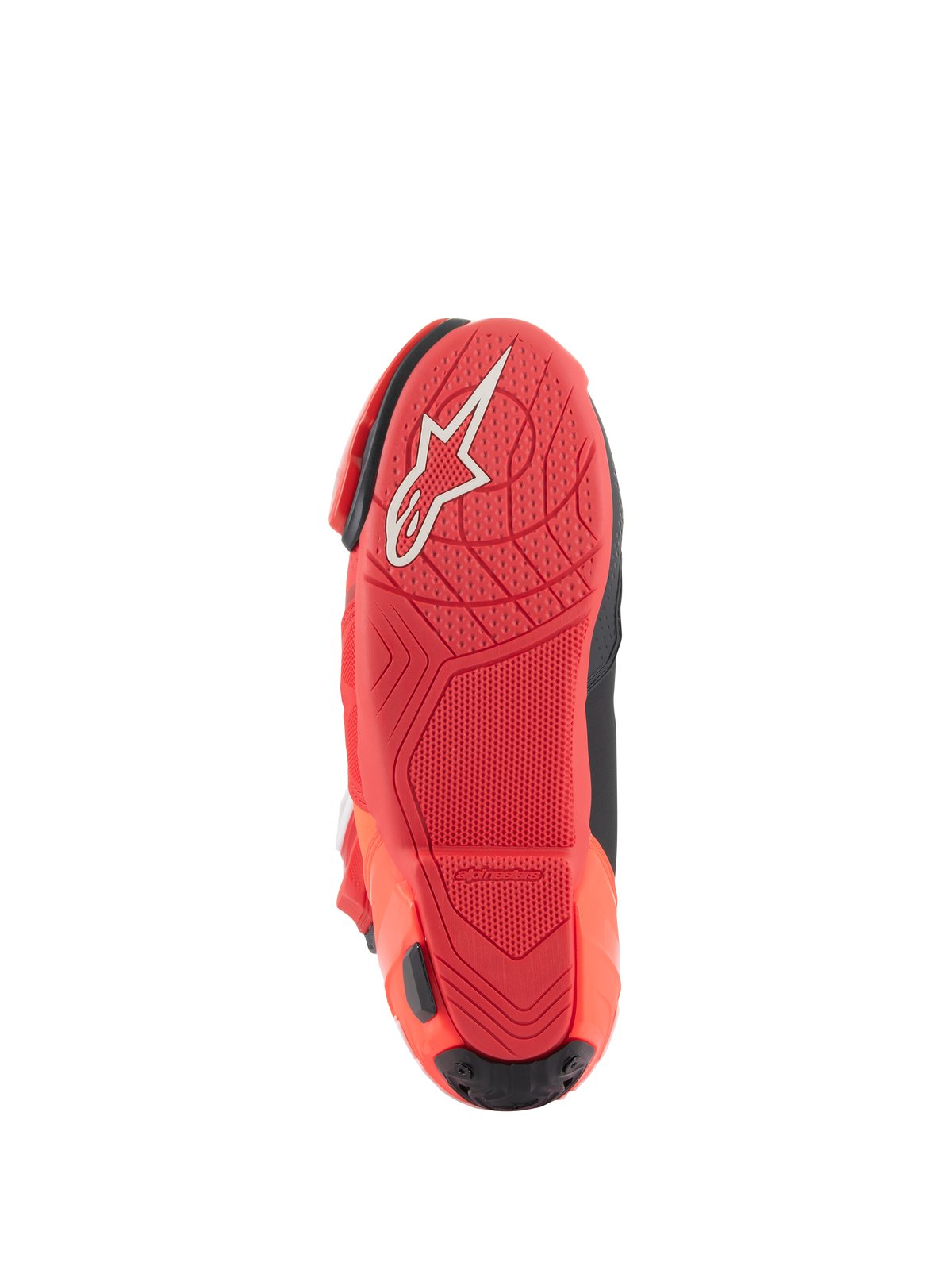 Alpinestars Supertech R Stiefel, Motorrad-Rennstiefel, Bright Red Red Fluo, Sohlenansicht mit strukturiertem Profilmuster und weißem Alpinestars-Logo