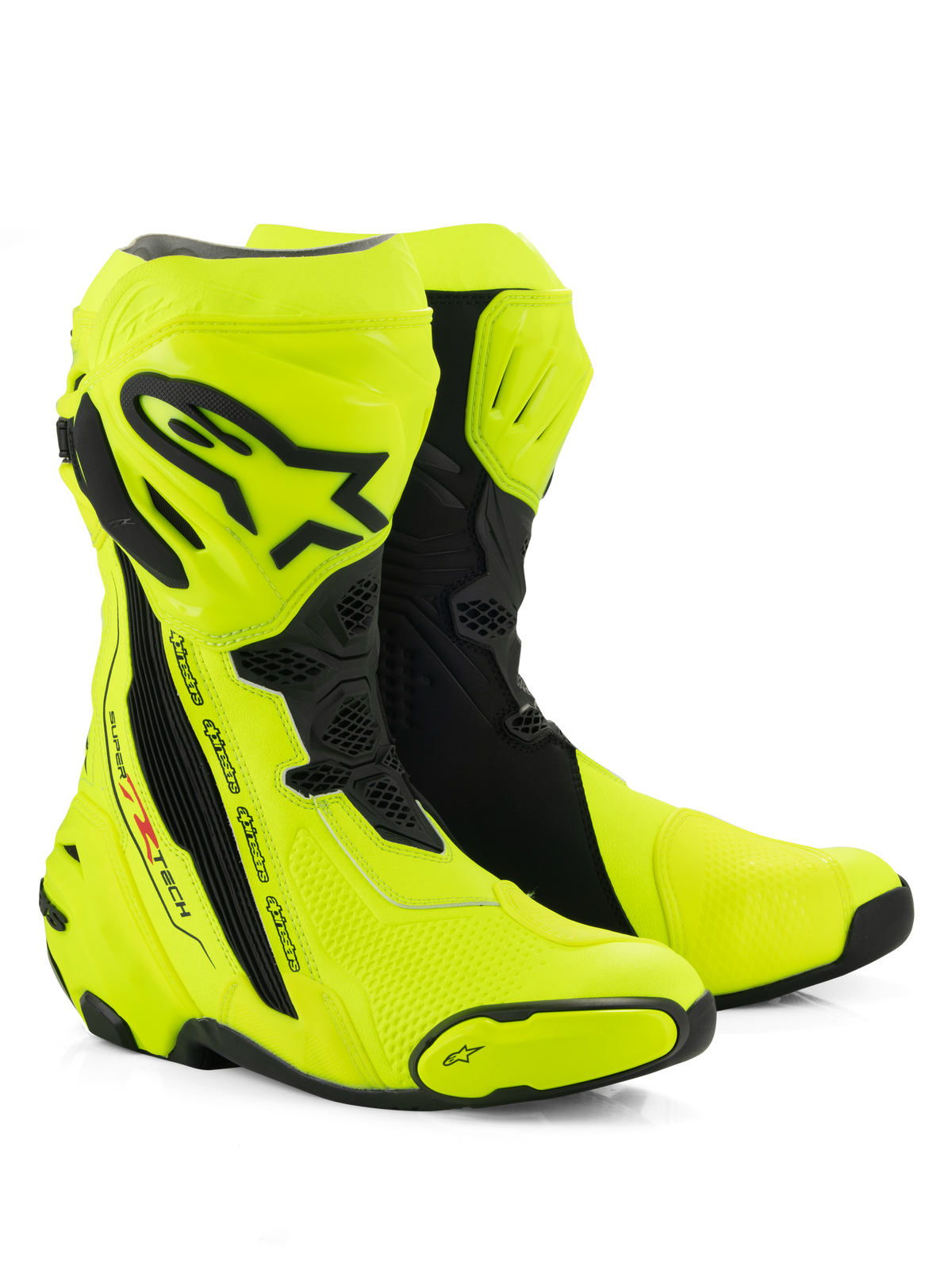 Alpinestars Supertech R Stiefel, Motorrad-Rennstiefel, Fluorgelb und Schwarz, mit einer schützenden Schienbeinplatte mit Alpinestars-Logo, flexiblen Akkordeon-Panels und verstärkten Zehenschleifern auf weißem Hintergrund