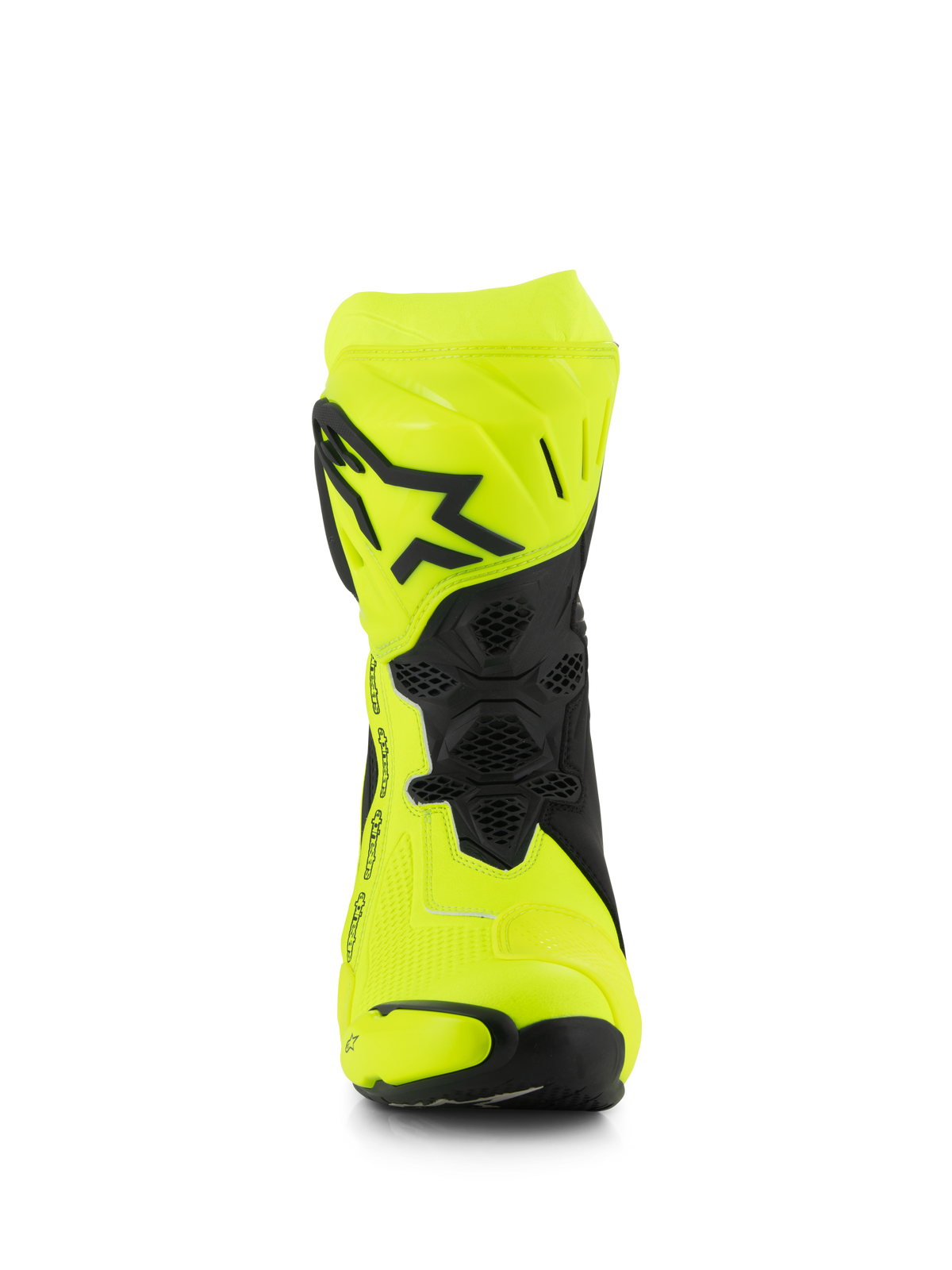 Alpinestars Supertech R Stiefel, Motorrad-Rennstiefel, Gelb Fluo und Schwarz, Vorderansicht mit schwarzem Stern-Logo auf der Schienbeinplatte, Flexbereiche mit Wabenstruktur, stromlinienförmiges Design für den Hochleistungs-Rennsport