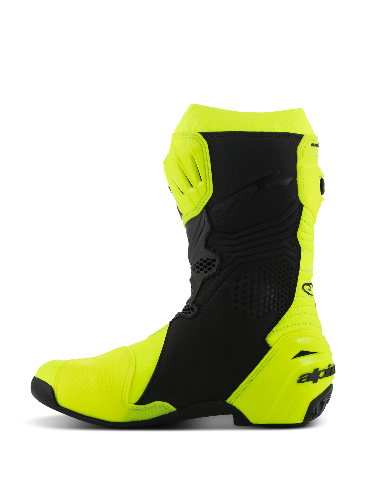Alpinestars Supertech R Stiefel, Motorrad-Rennstiefel, Gelb Fluo und Schwarz, Seitenprofil mit verstärktem Schienbein- und Fersenschutz, schlankes ergonomisches Design mit perforierten Einsätzen und Branding an der Ferse.