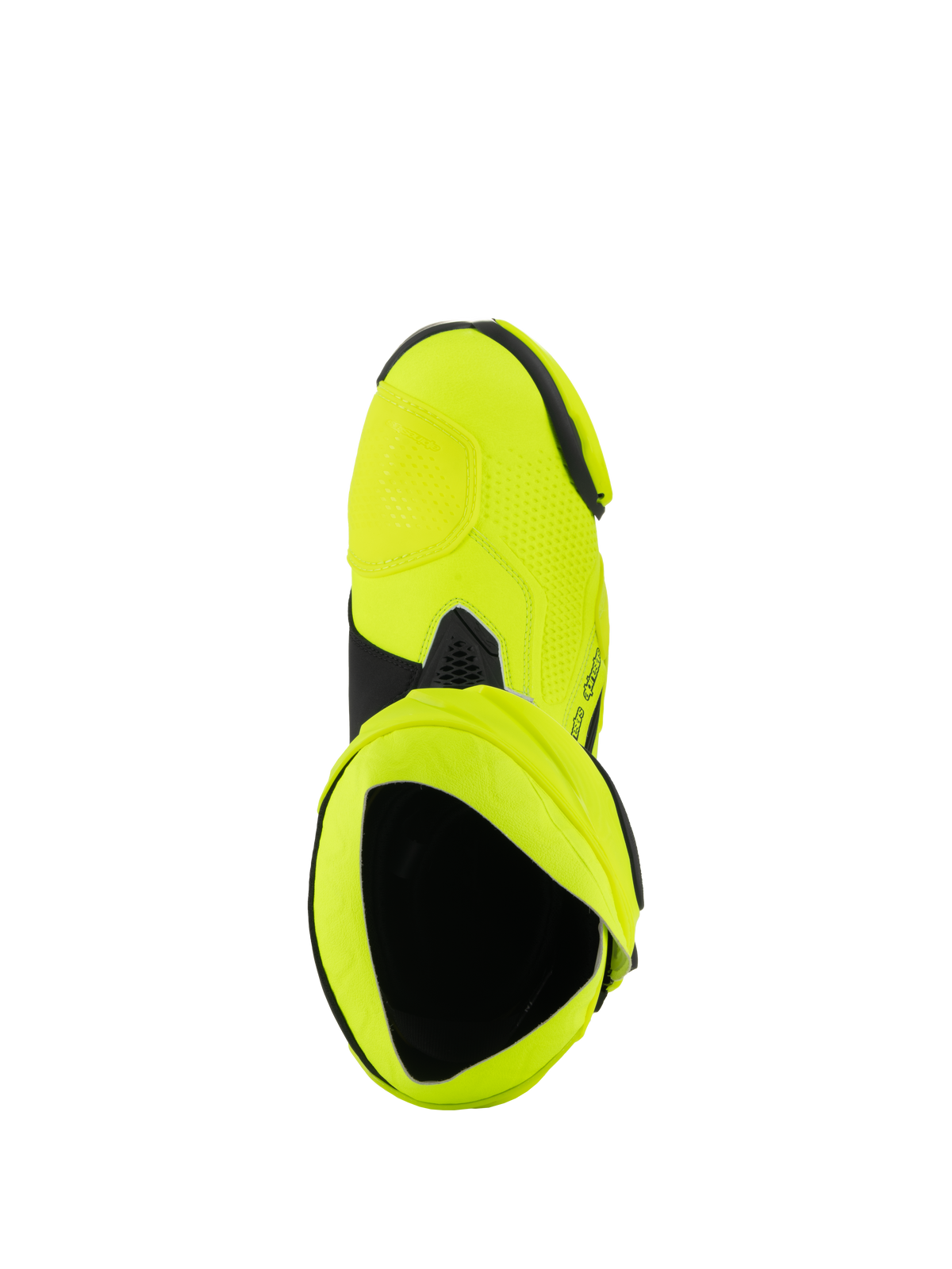 Alpinestars Supertech R Stiefel, Motorrad-Rennstiefel, Gelb Fluo Schwarz, Draufsicht mit Blick in das Stiefelinnere, leuchtendes neongelbes Finish mit schwarzen Akzenten und Gamaschen-Detail