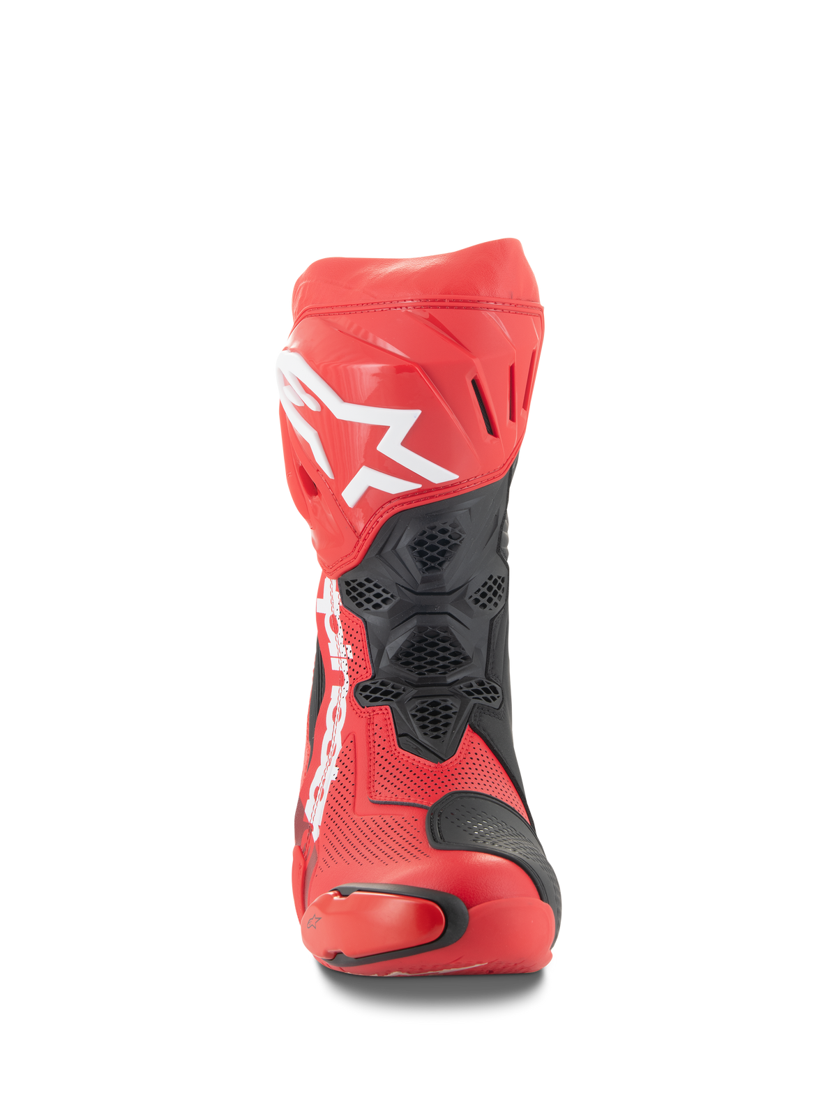 Alpinestars Supertech R Vented Stiefel, Vorderansicht, Leuchtendes Rot und fluoreszierendes Rot mit schwarzen Akzenten, weißes Alpinestars-Logo am Schienbein, perforierte Mikrofaser-Konstruktion für Belüftung, schützende TPU-Panels für den Rennsport