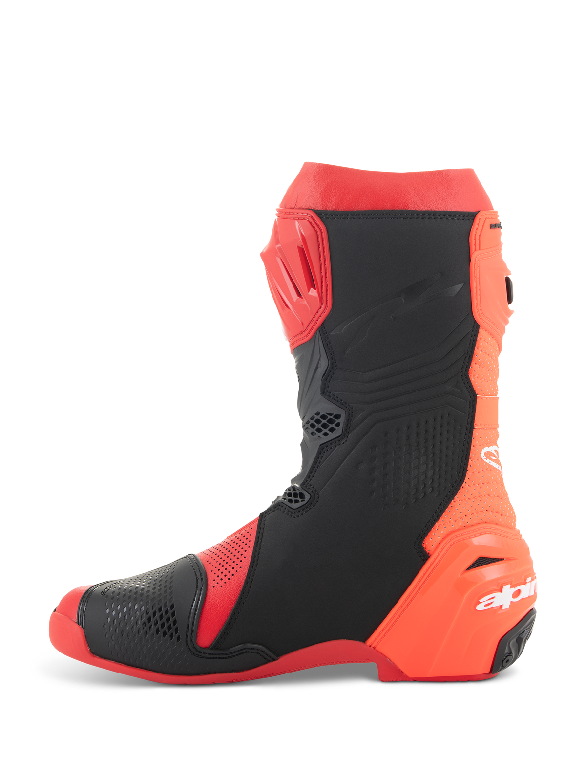 Alpinestars Supertech R Vented Stiefel, Racing-Motorradstiefel, Hellrot und Rot-Fluo mit schwarzen Akzenten, Seitenansicht mit umfangreichen Perforationen für maximalen Luftstrom und TPU-Schutzpaneelen.