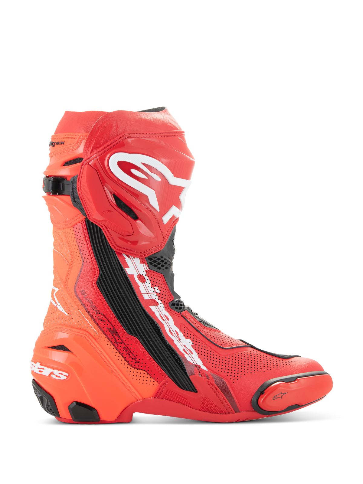 Alpinestars Supertech R Vented Stiefel, Motorradrennstiefel, Hellrot und Fluo-Rot mit weißen und schwarzen Akzenten, Seitenansicht mit Perforationen für Atmungsaktivität, weißes Astar-Logo am Schienbein, TPU-Zehen- und Fersenschleifer, professionelles Schuhwerk für die Rennstrecke