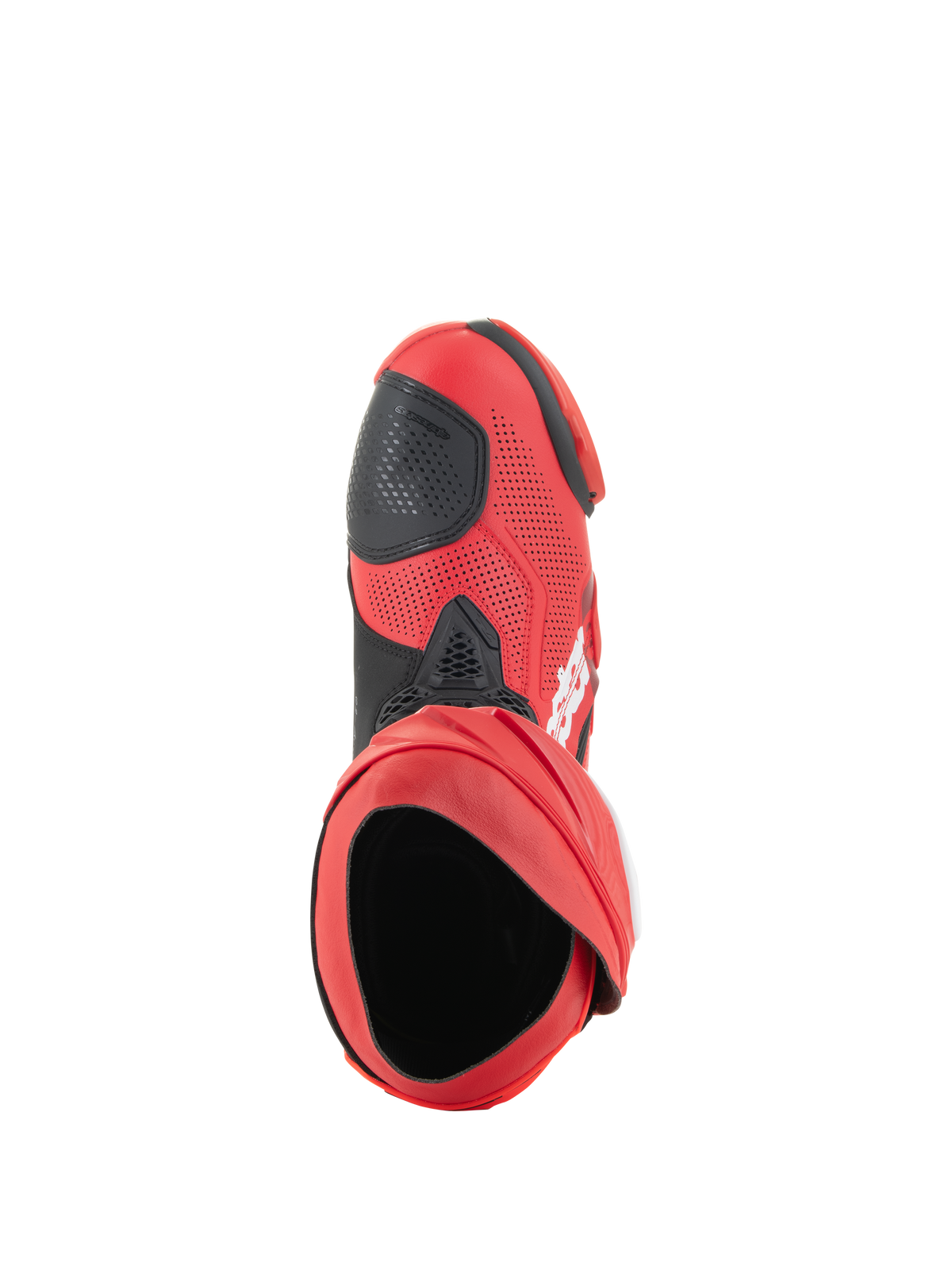 Alpinestars Supertech R Vented Stiefel, Racing-Stiefel, Hellrot und Red Fluo, Draufsicht auf die Stiefelöffnung, perforiertes Mikrofaser-Obermaterial mit schwarzer Schaltverstärkung, professionelles Schuhwerk für Rennstrecke und Straße