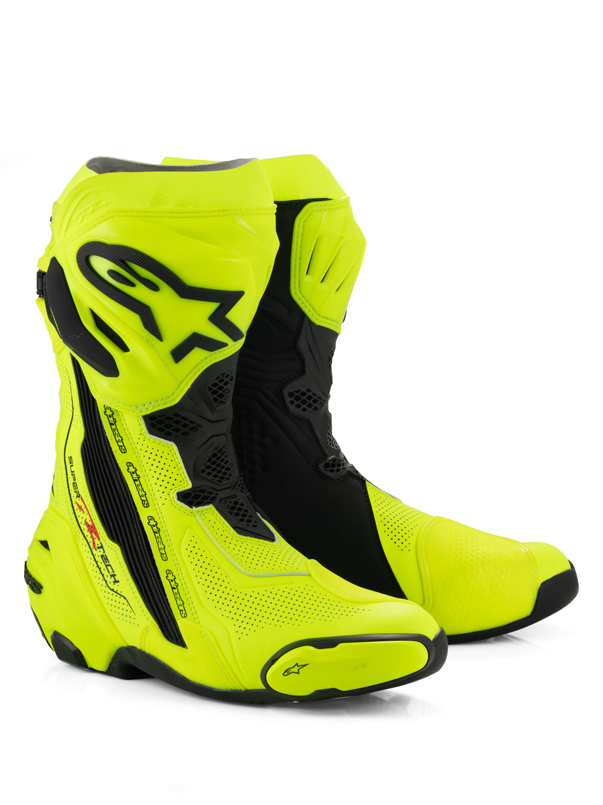 Alpinestars Supertech R Vented Stiefel, Motorrad-Rennstiefel, Gelb Fluo und Schwarz, umfassende Perforation für Luftzirkulation, schwarze TPU-Schienbeinplatte und Fersenprotektoren, schlankes aerodynamisches Profil für Rennstrecke und Straße.