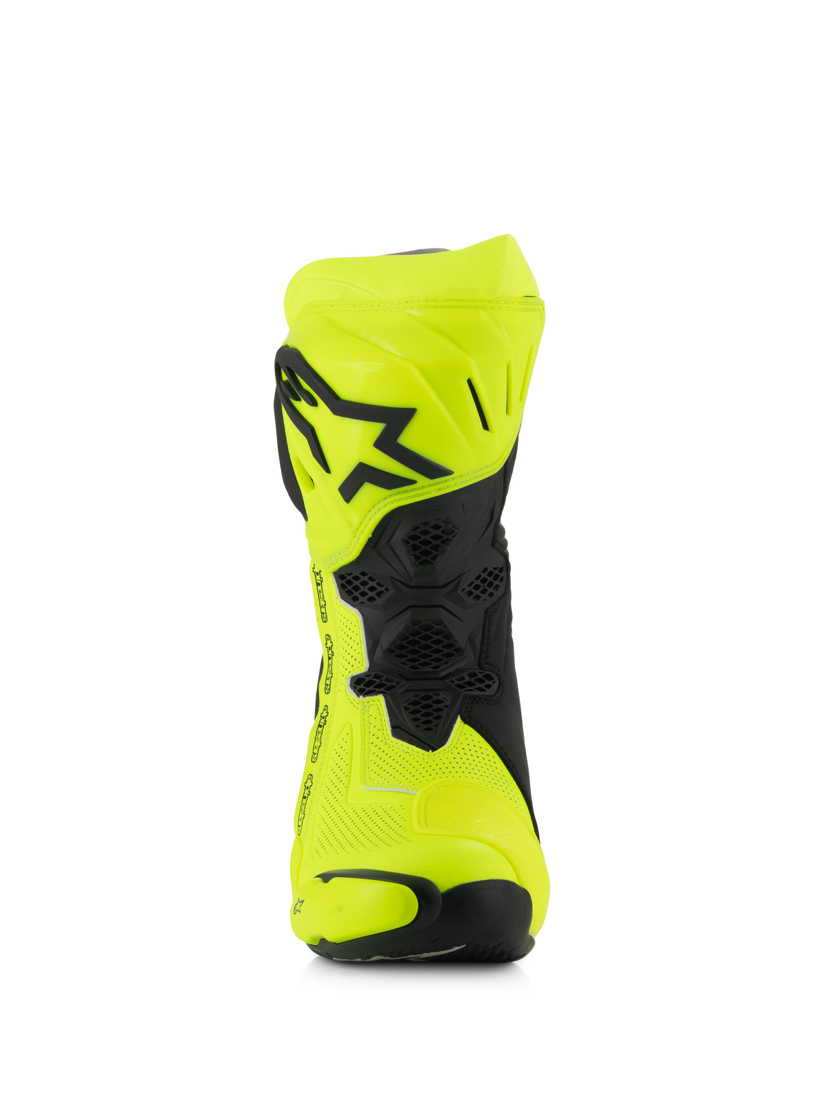Alpinestars Supertech R Vented Stiefel, Motorrad-Rennstiefel, Gelb Fluo und Schwarz, Vorderansicht mit perforierter Mikrofaser, TPU-Schienbeinplatte mit schwarzem Stern-Logo und Belüftungsnetz für maximalen Luftstrom.