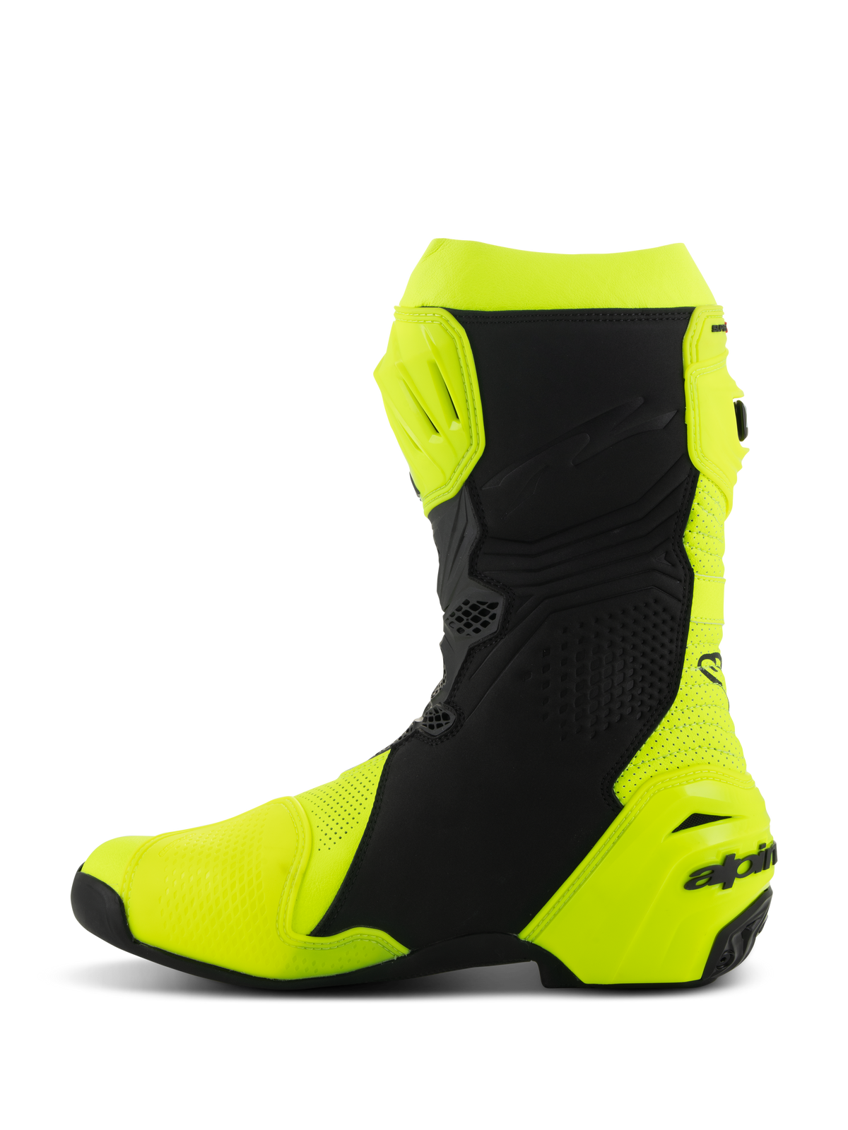 Alpinestars Supertech R Vented Stiefel, professionelle Motorrad-Rennstiefel, Gelb Fluo und Schwarz, mediales Seitenprofil, perforierte Mikrofaser-Konstruktion für hohen Luftstrom, TPU-Schutzplatten an Schienbein und Ferse, aerodynamisches Design für professionelle Rennstrecken-Fahrten
