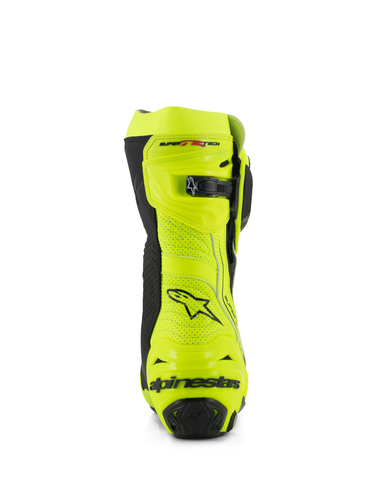 Alpinestars Supertech R Vented Stiefel, Rückansicht, Gelb Fluo und Schwarz, mit perforierter Mikrofaser-Konstruktion, mikroverstellbarem Ratschenverschluss an der Oberseite und schwarzem Alpinestars-Branding an der Ferse, professionelles Racing-Schuhwerk